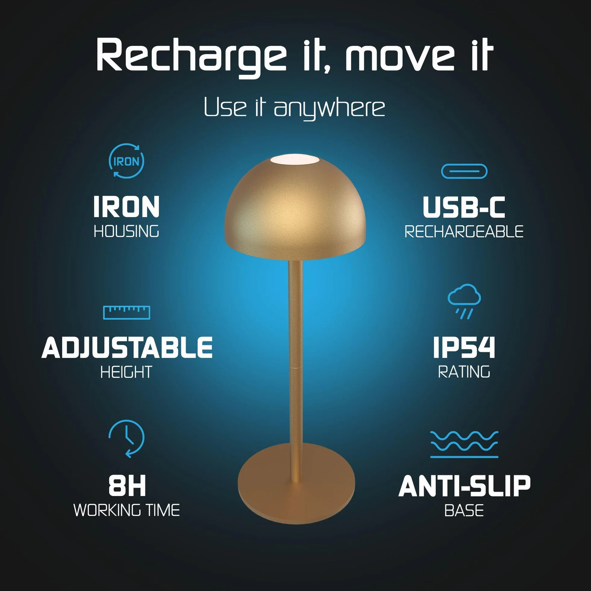 Ledvion Lampe de Table LED Rechargeable Laiton Doré Variable 2700K-5000K 110 Lm IP54 Résistante aux Éclaboussures Batterie 2000mAh Commande Tactile Réglable USB-C Intérieure Extérieure