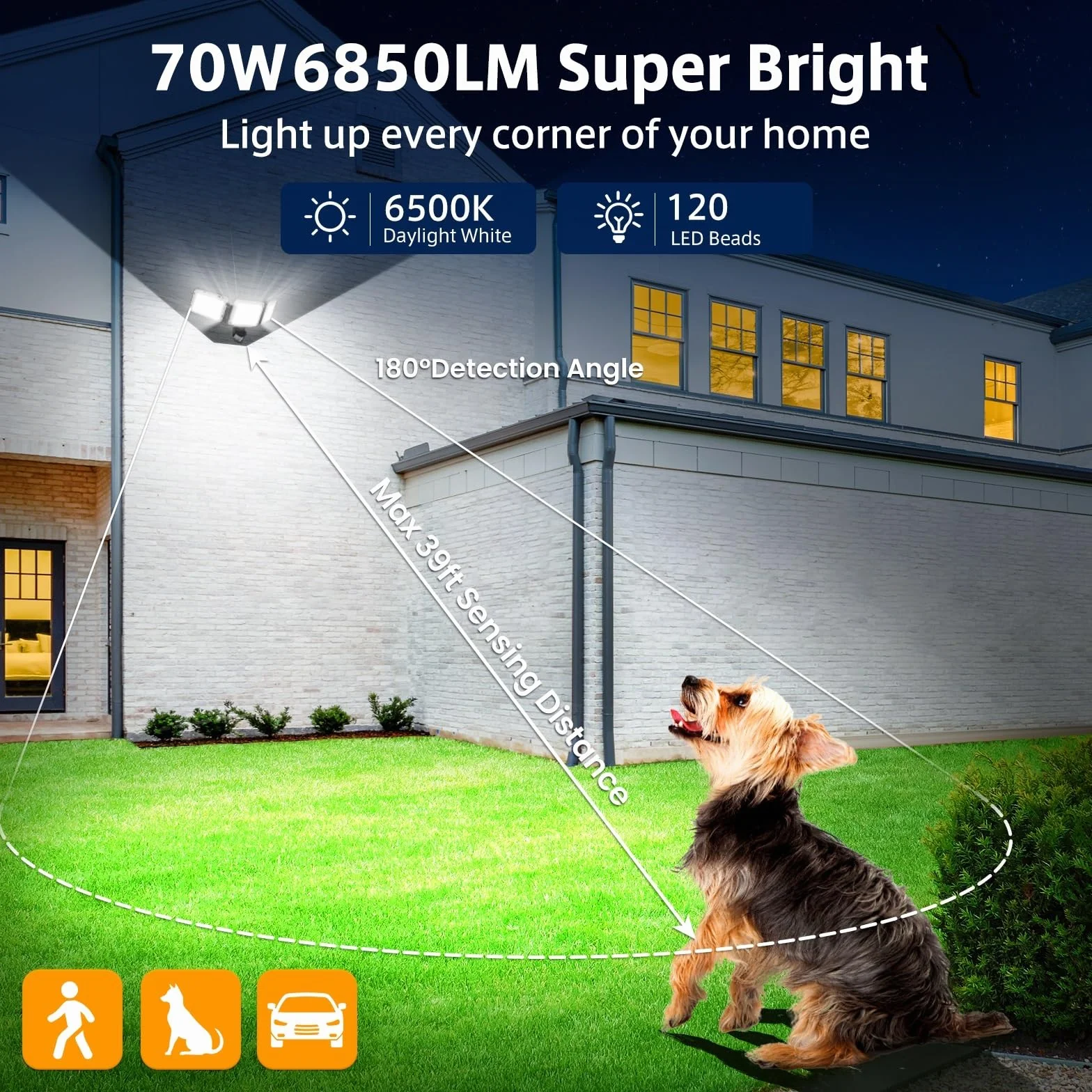 MEIHUA Projecteur LED Exterieur 70W Detecteur de Mouvement 700-6850LM IP66 6500K Blanc Froid Noir