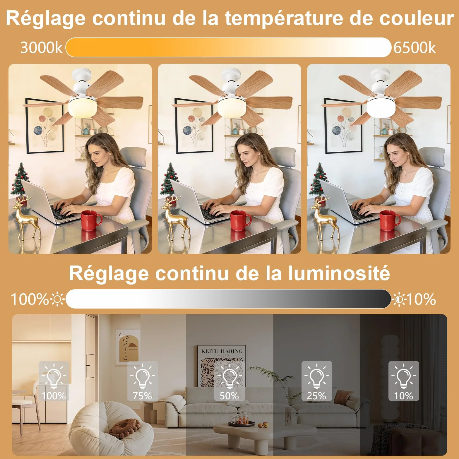 Ventilateur Plafond avec Lumiere 51CM Télécommande 3 Vitesses Réglage Luminosité Température Couleur Bois