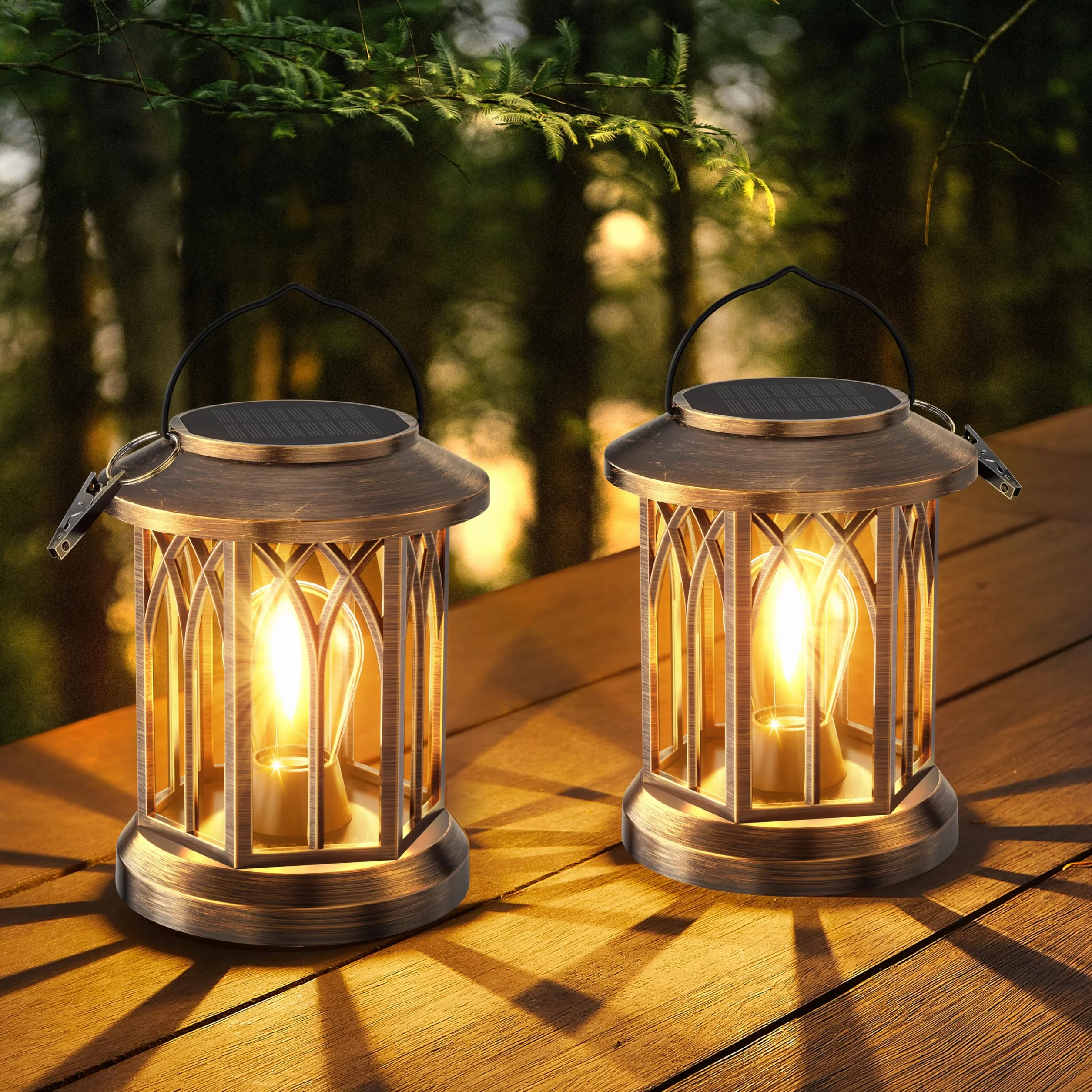 GEARLITE Lanterne Solaire Exterieur Jardin 2 Pièces LED IP65 Étanche Blanc Chaud Tungstène avec Clips