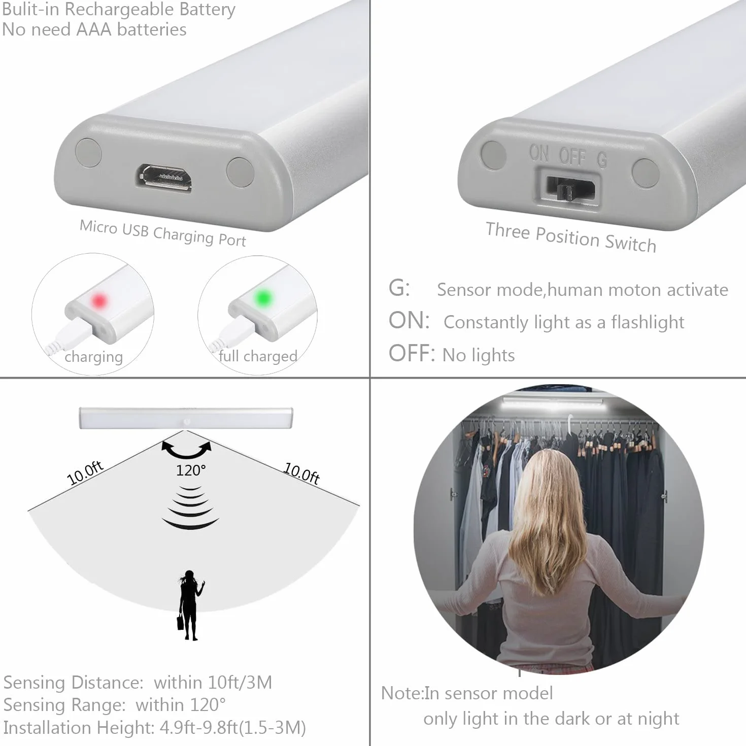 Moston Lot de 2 Lampes 10 LED Sans Fil Rechargeable USB Aimanté Détecteur de Mouvement 2 Modes Éclairage Portable