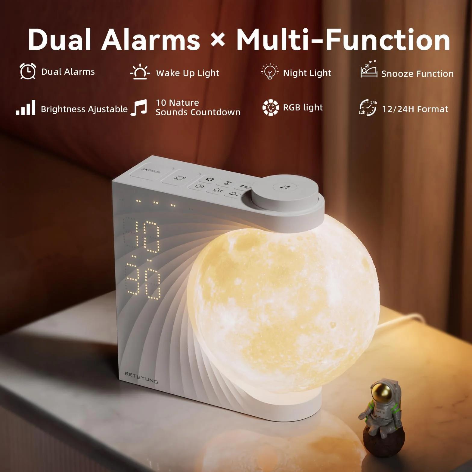 Lampe de Lune avec Réveil Lumineux, 2 Réveils, RGB 8 Couleurs, 10 Sons Naturels, Veilleuse 3 Niveaux