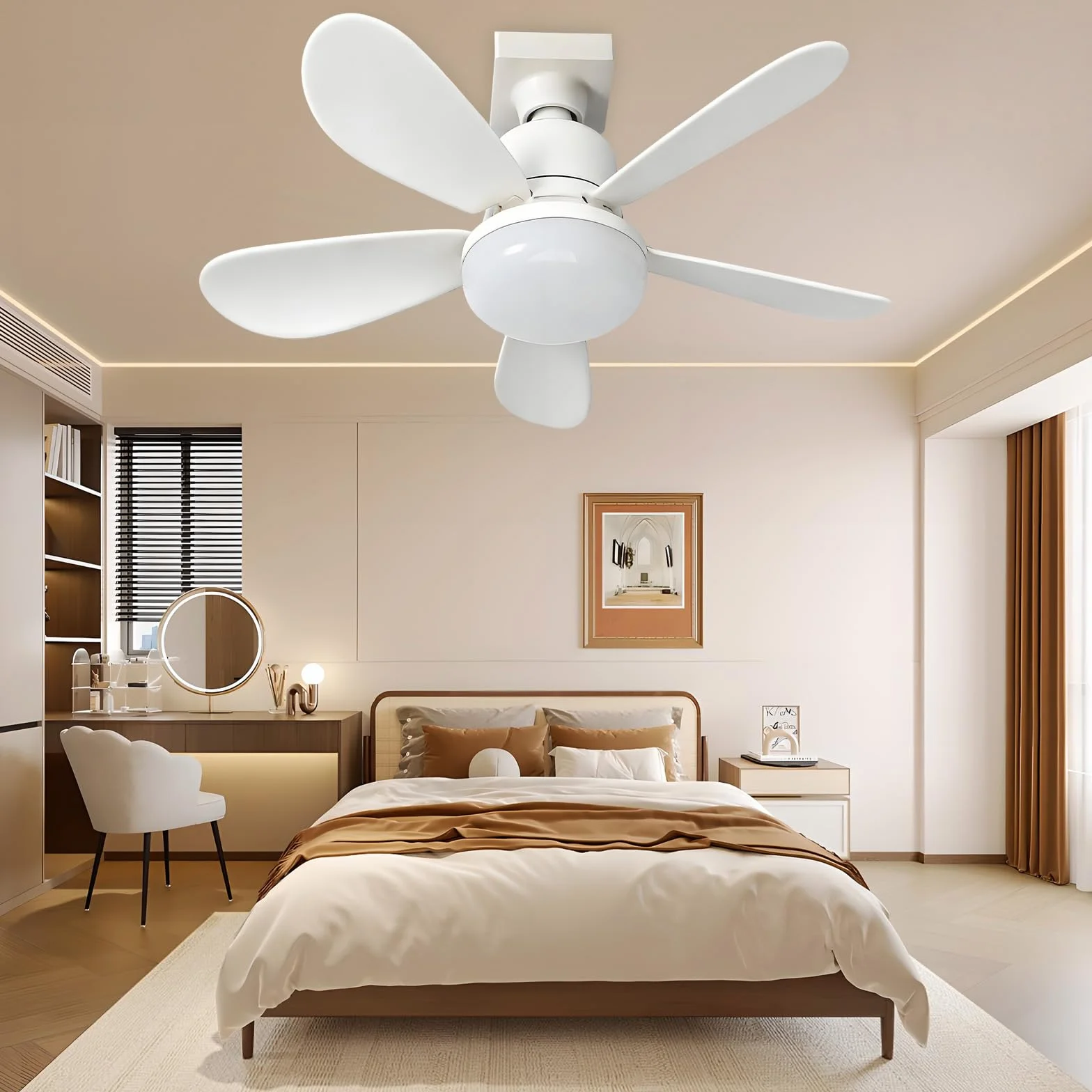 Ventilateur de Plafond 52CM avec Lumière LED E27 et Télécommande, 3 Vitesses 3 Couleurs, Silencieux pour Salon Chambre (Blanc + B22)