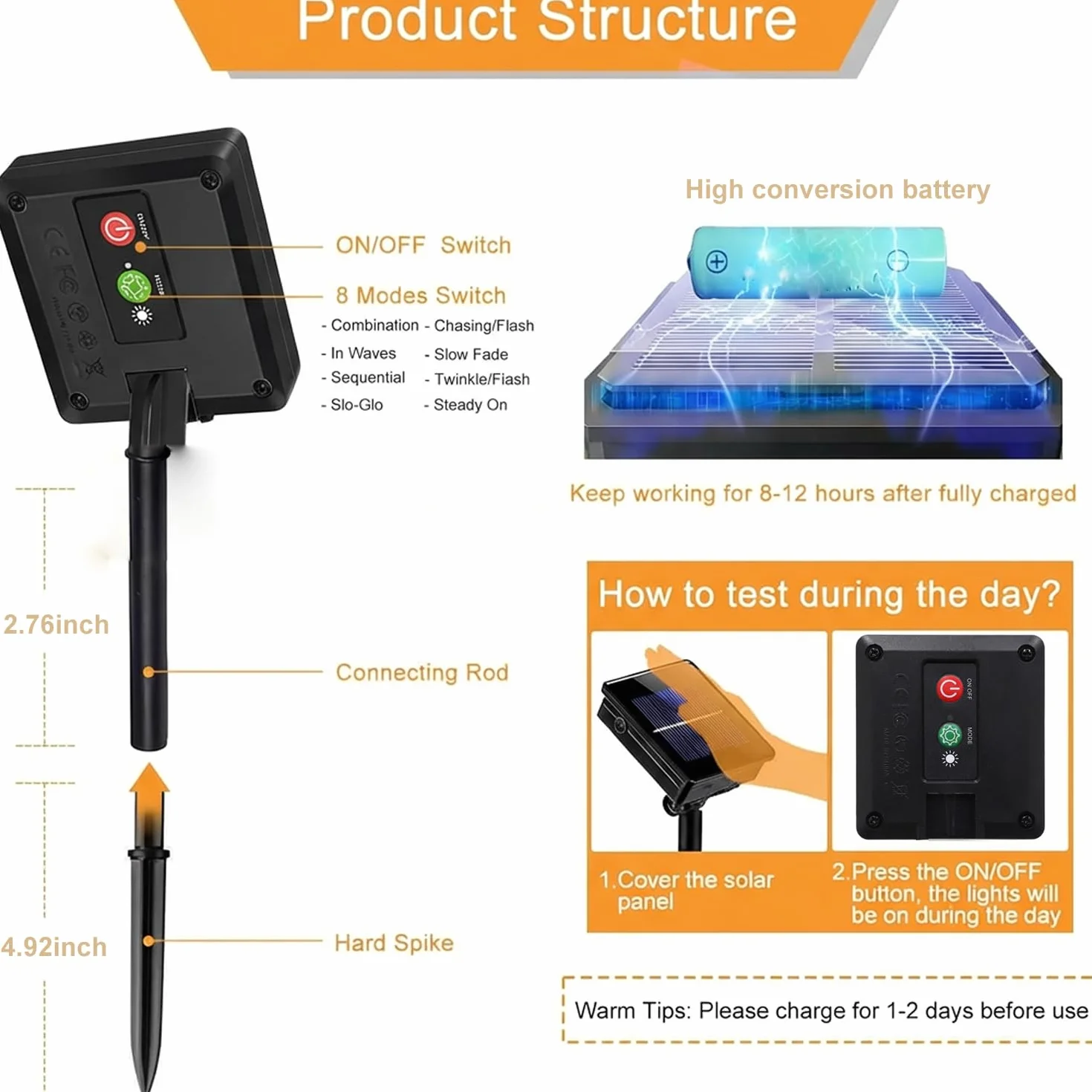 Guirlande lumineuse solaire extérieur 10 m 100 LED IP65 8 modes