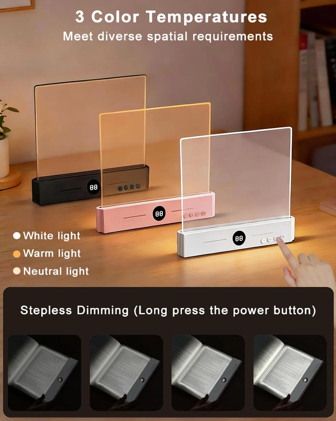 Lampe de Lecture LED Rechargeable USB-C, 3 Couleurs Minuterie, Lumière Uniforme pour Livres, Grand Blanc