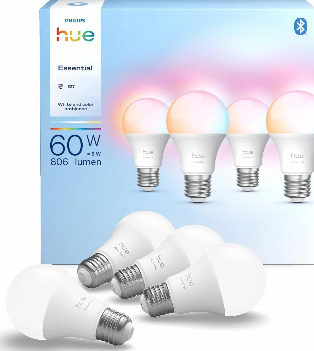 Philips Hue Essential Ampoule Connectée LED A60 E27 8W 2200-6500K 806lm White and Color Ambiance Pack de 4