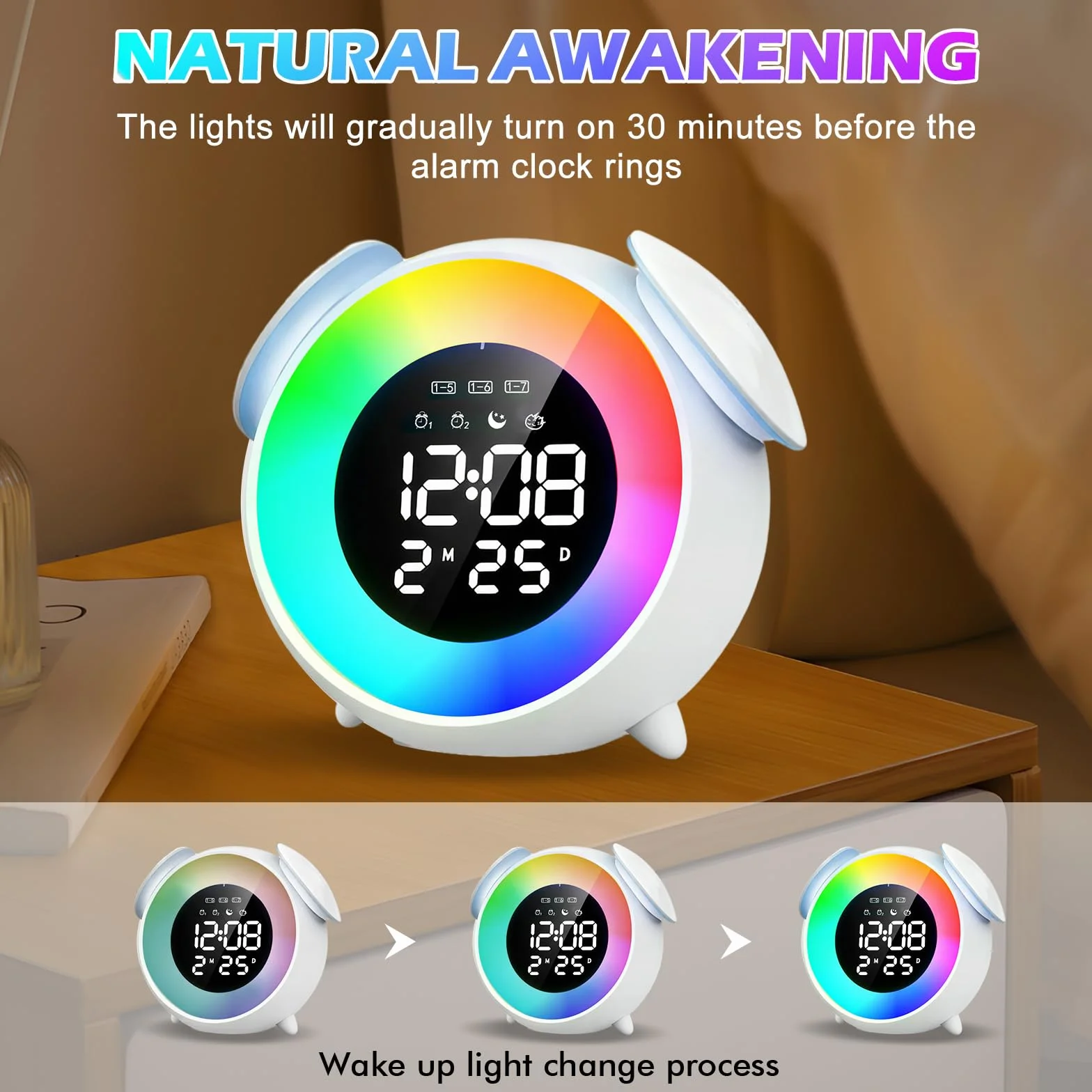 BORDEAG Réveil Enfants Entraîneur Sommeil Veilleuse 15 Couleurs Snooze Double Alarme 12/24
