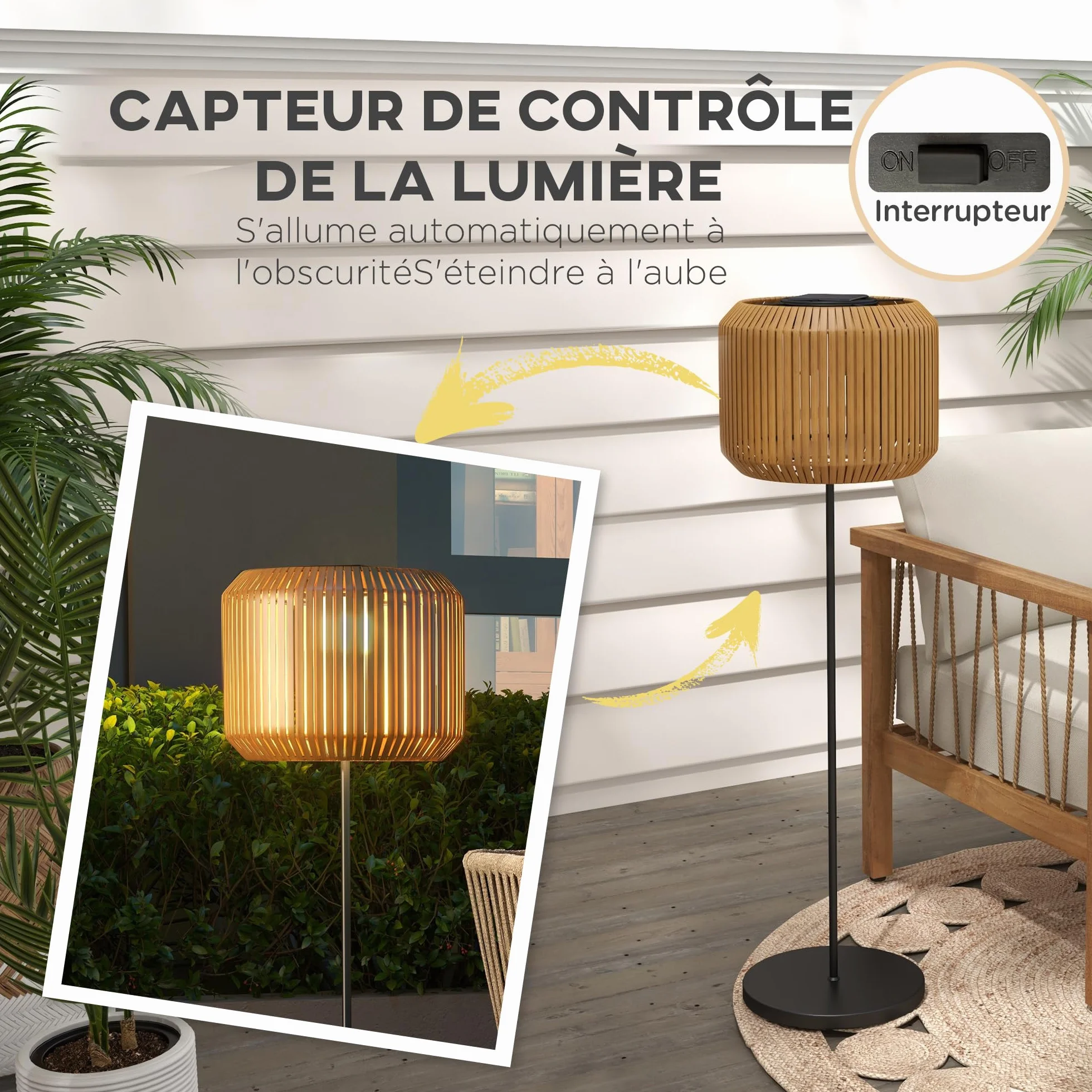 Outsunny Lampadaire solaire extérieur en résine tressée, rechargeable avec capteur lumière, LED étanche, 130 cm, jaune
