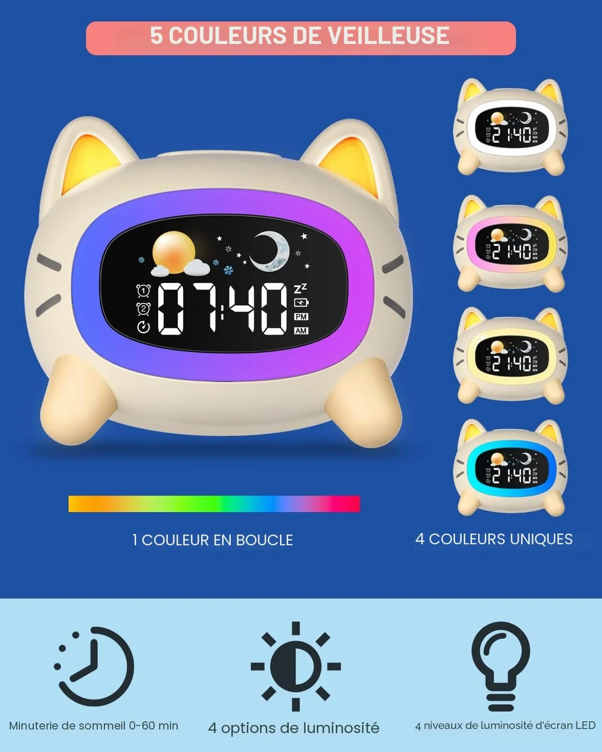 Réveils Lumineux pour Enfants avec 5 Veilleuses, 4 Niveaux de Lumière Réglables et 7 Musiques de Sommeil, Réveil Rechargeable avec Snooze