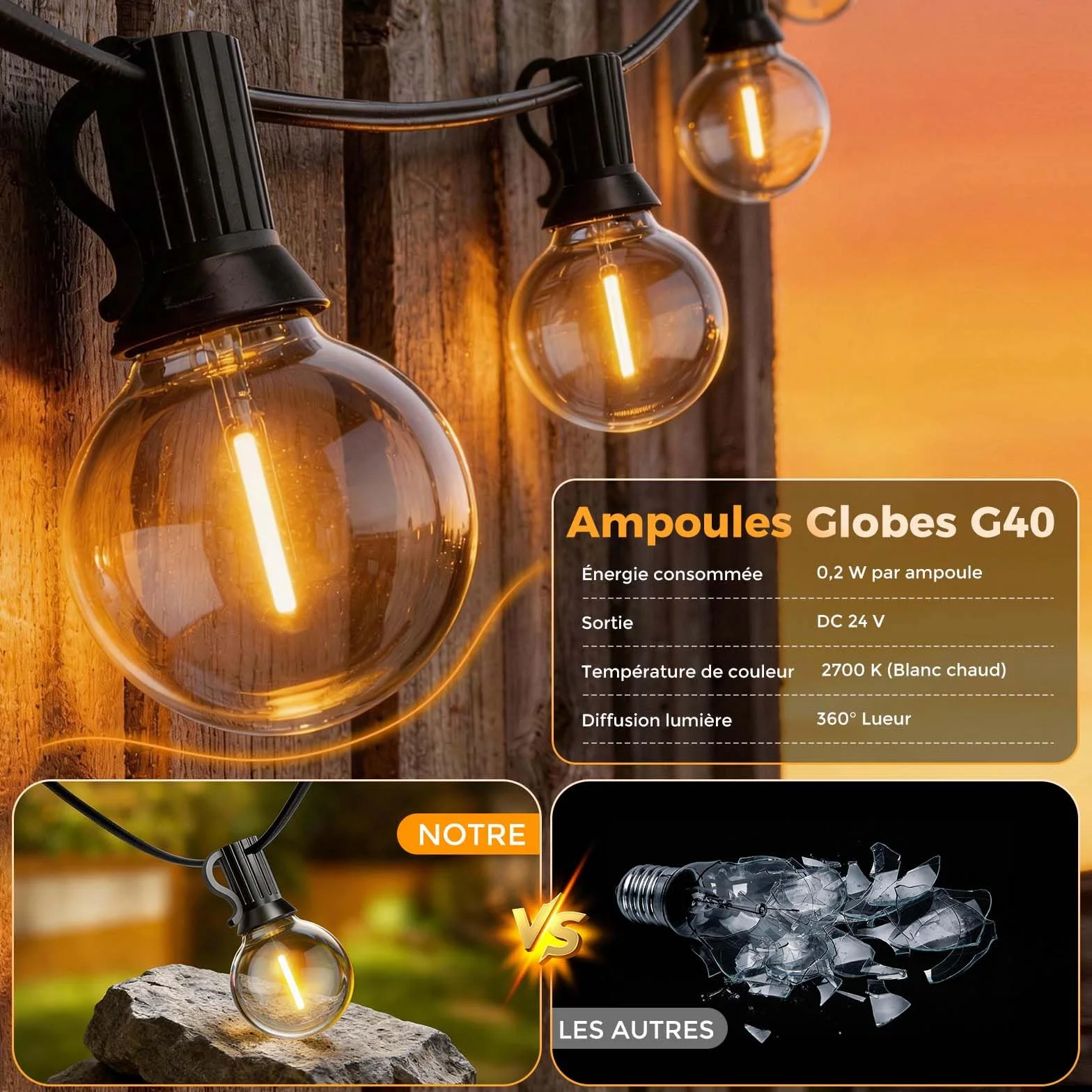 Guirlande Solaire Lumineuse Exterieure 16,3 m avec Telecommande & Minuterie, Étanche G40 LED, 4 Modes Gradable