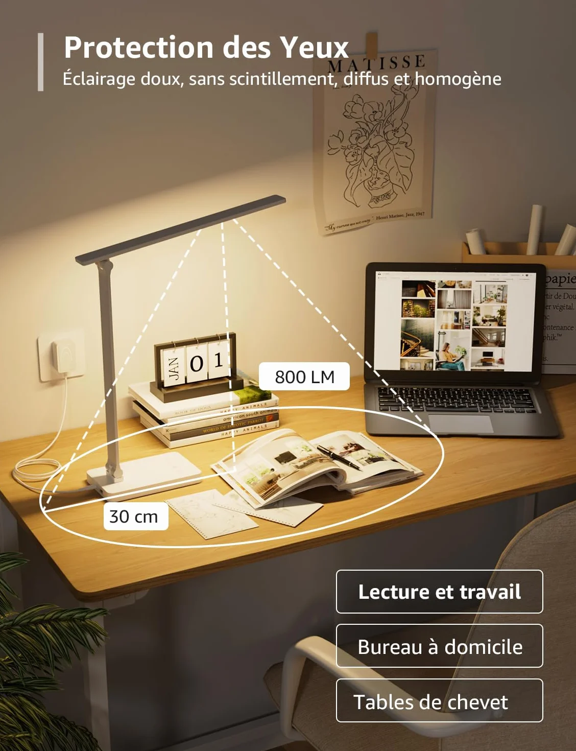 Lepro Lampe de Bureau 800 lm, 5 Modes Couleur, 5 Niveaux Luminosité Dimmable, Anti-Éblouissement, Contrôle Tactile, Blanc