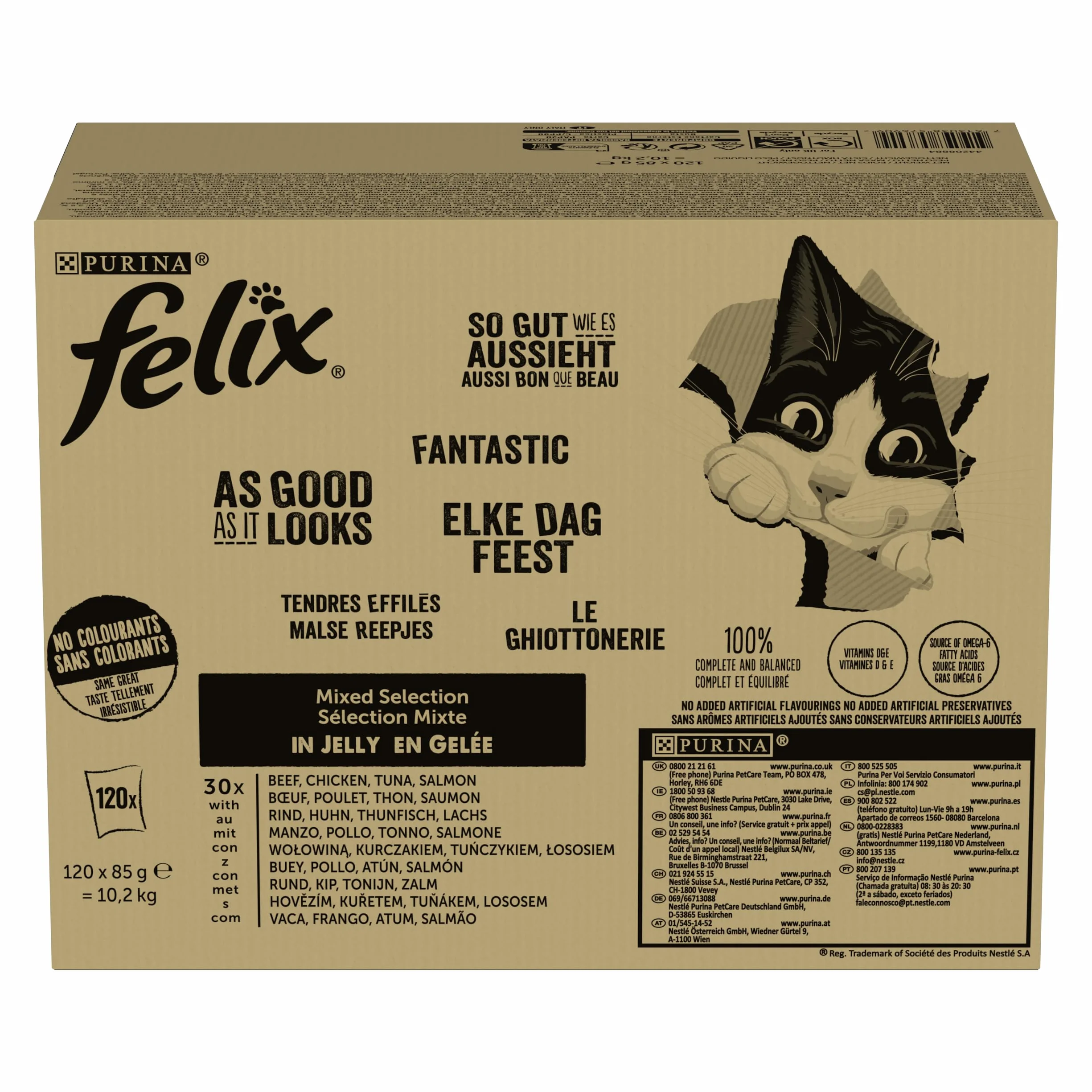 Felix Tendres Effilés Aliment Complet pour Chat Adulte Sélection Mixte Boeuf Poulet Saumon Thon Gelée Portion Individuelle 120x85g