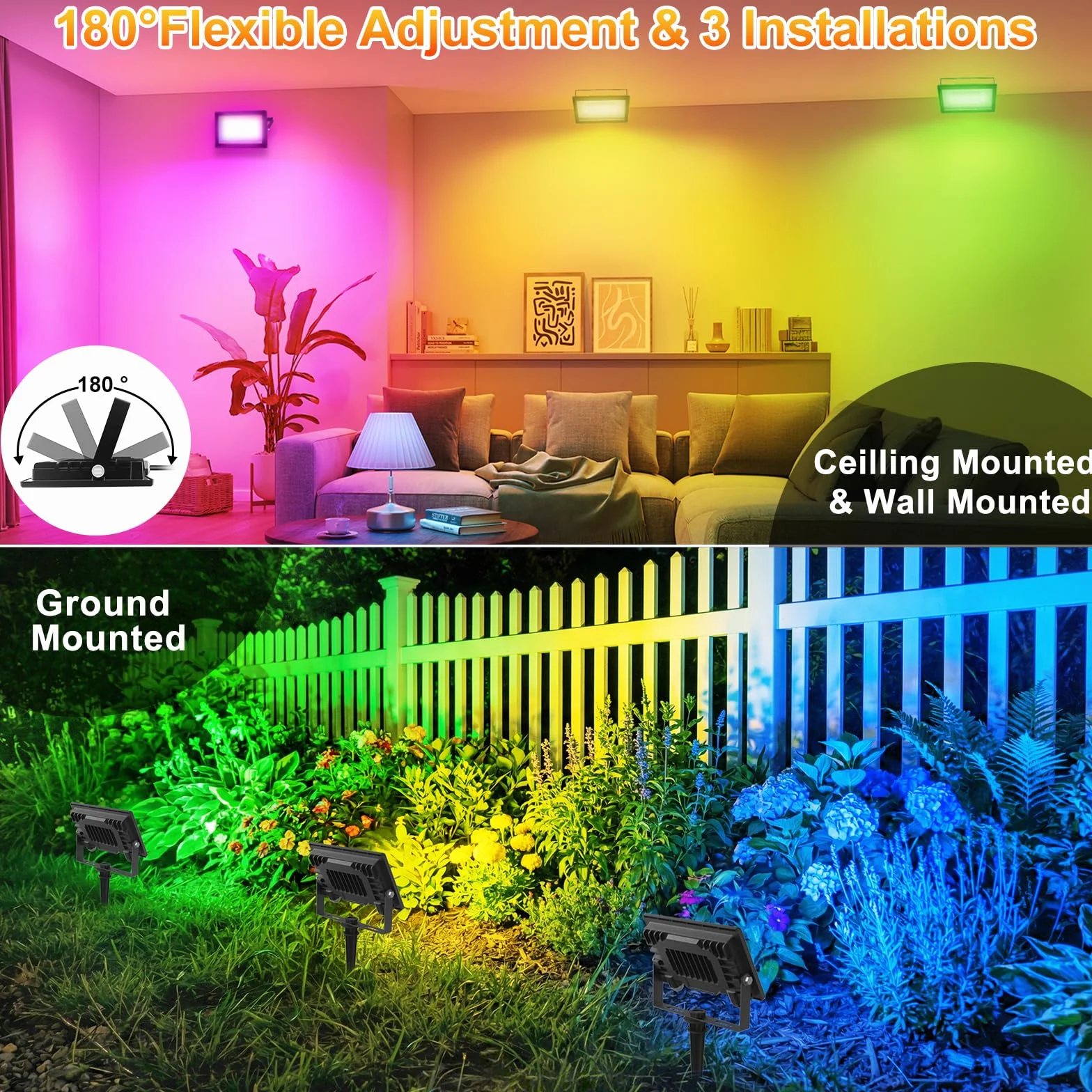 Projecteur LED RGB D'extérieur 30W avec APP Bluetooth et Télécommande, IP66 Etanche, 16 Millions de Couleurs