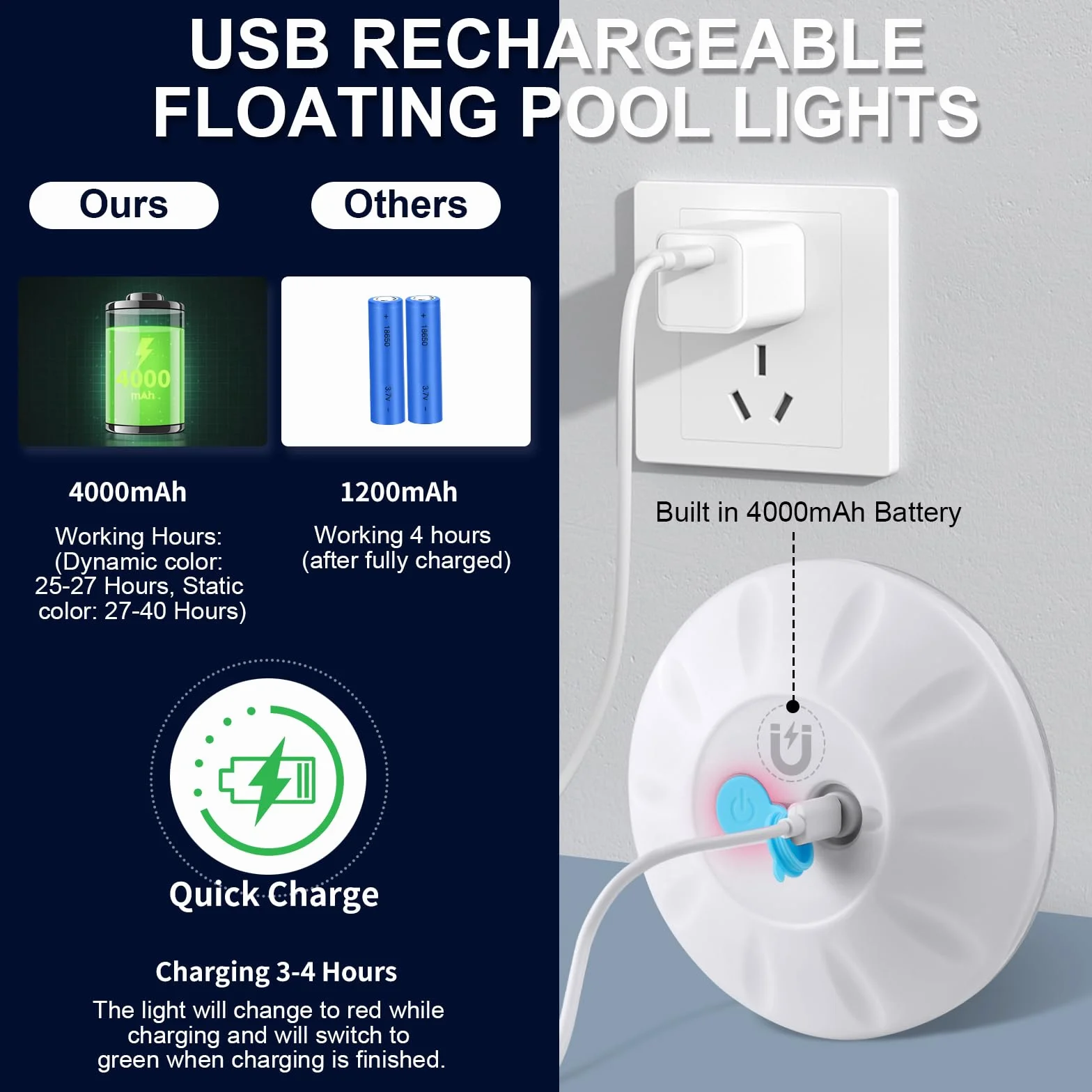 TEPENAR Lampe de piscine flottante IP68 7 modes rechargeable Éclairage disco spa LED étanche 1 pièce