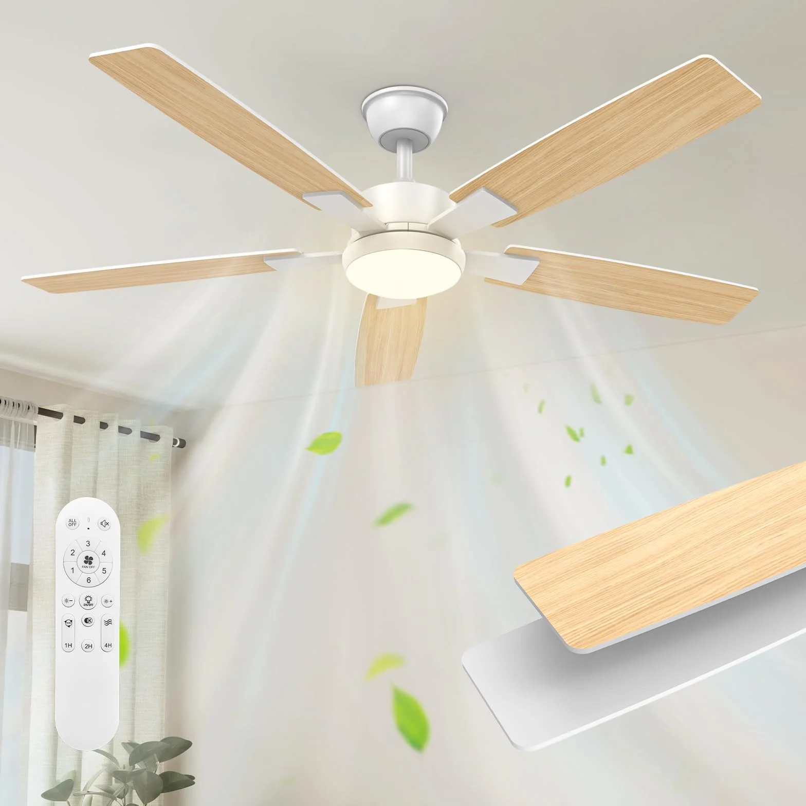 Ventilateur Plafond avec Lumiere 132cm Silencieux Reversible 2 Couleurs Pales LED Telecommande Exterieur
