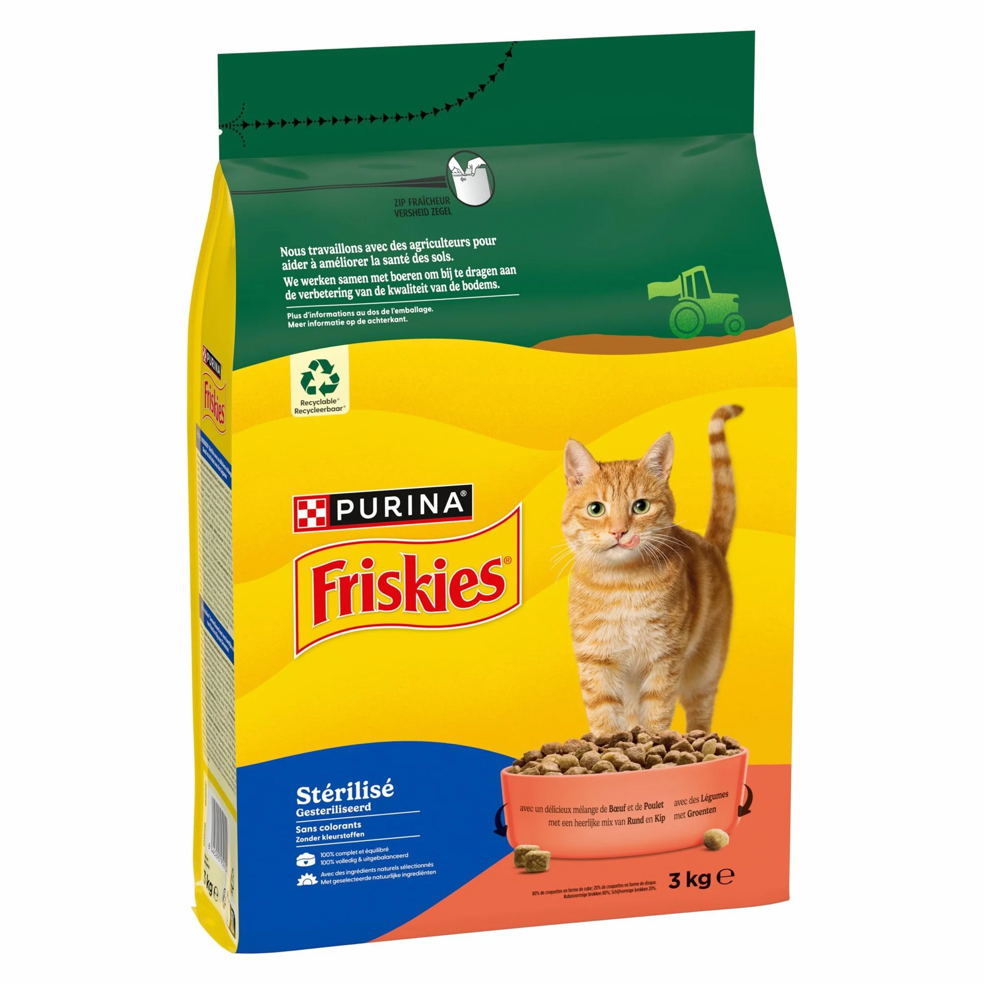 FRISKIES Chat Croquettes complètes pour Chats Adultes stérilisés Au Boeuf, Poulet et Légumes 3 KG