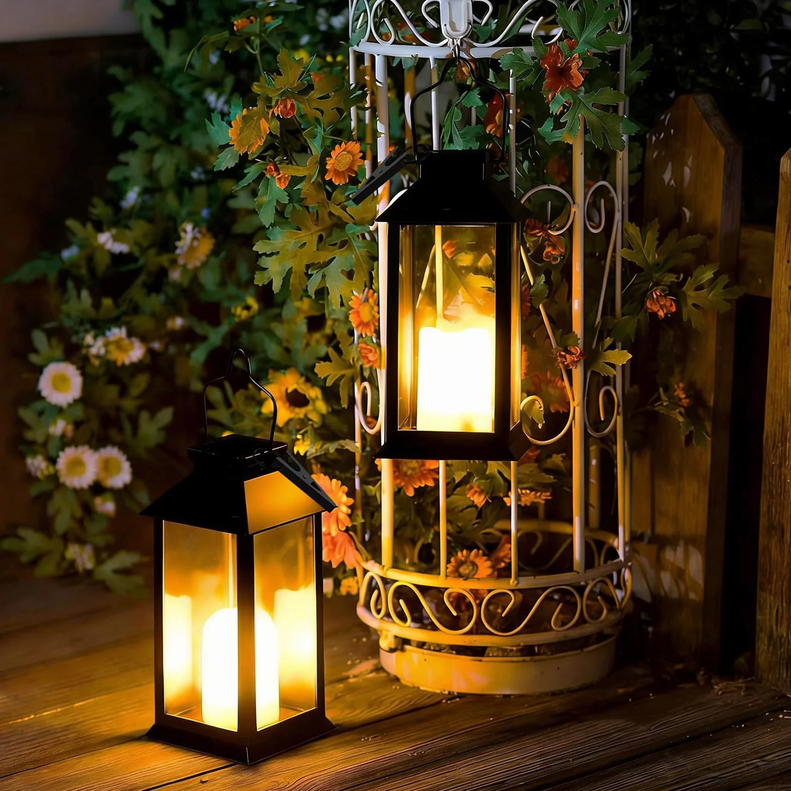 Lanterne Solaire Exterieur 2 Pièces Suspension Lampe Solaire Bougie LED Flamme Vacillante IP44 Étanche Noir