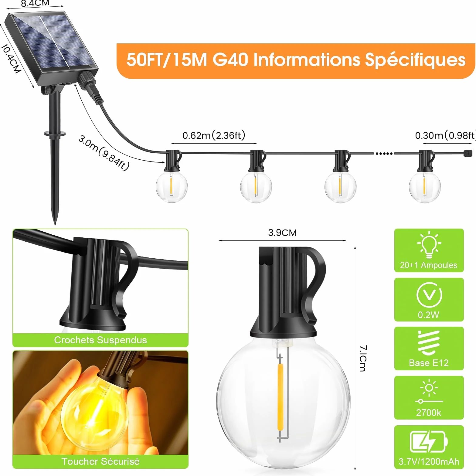 Guirlande Lumineuse Extérieure Solaire LED 15M 20+1 Ampoules 8 Modes IP44 Étanche avec Télécommande