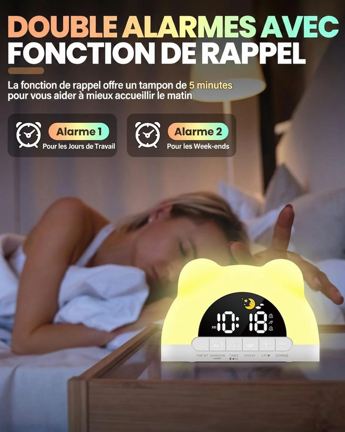 Horloge Sommeil Bébé avec Veilleuse LED RGB 11 Couleurs, Double Alarme, 10 Sons Apaisants, Jour/Nuit
