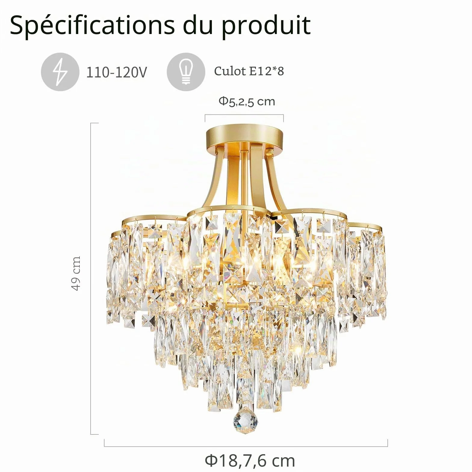 WUZUPS Crystal Chandelier Plafonnier encastré Luminaire moderne pour Chambre à coucher Hallway Bar Cuisine Salle de bain, H 49 x L 46. 5, E14 Base, Gold