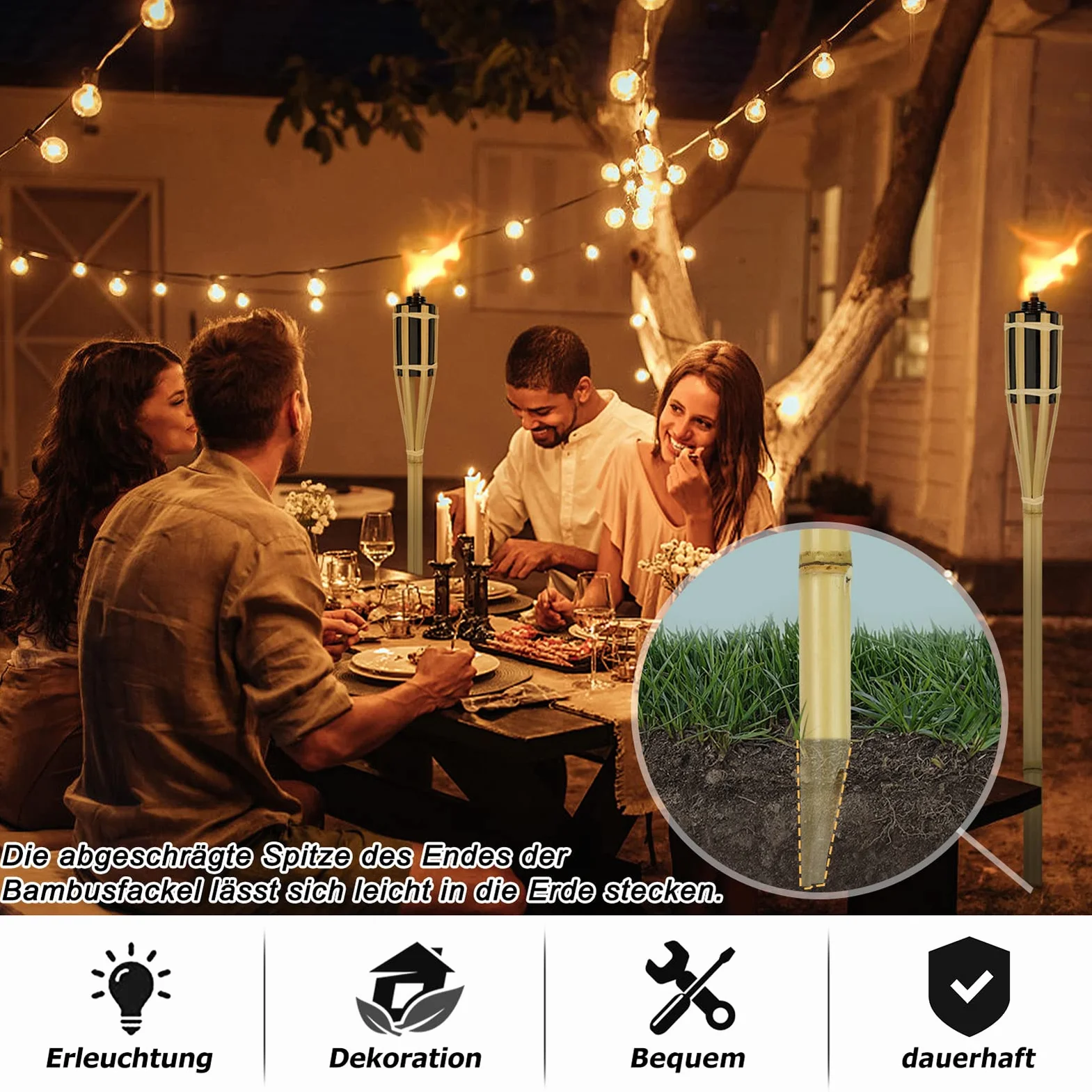 Lot de 36 torches de jardin 90 cm en bambou à huile pour extérieur