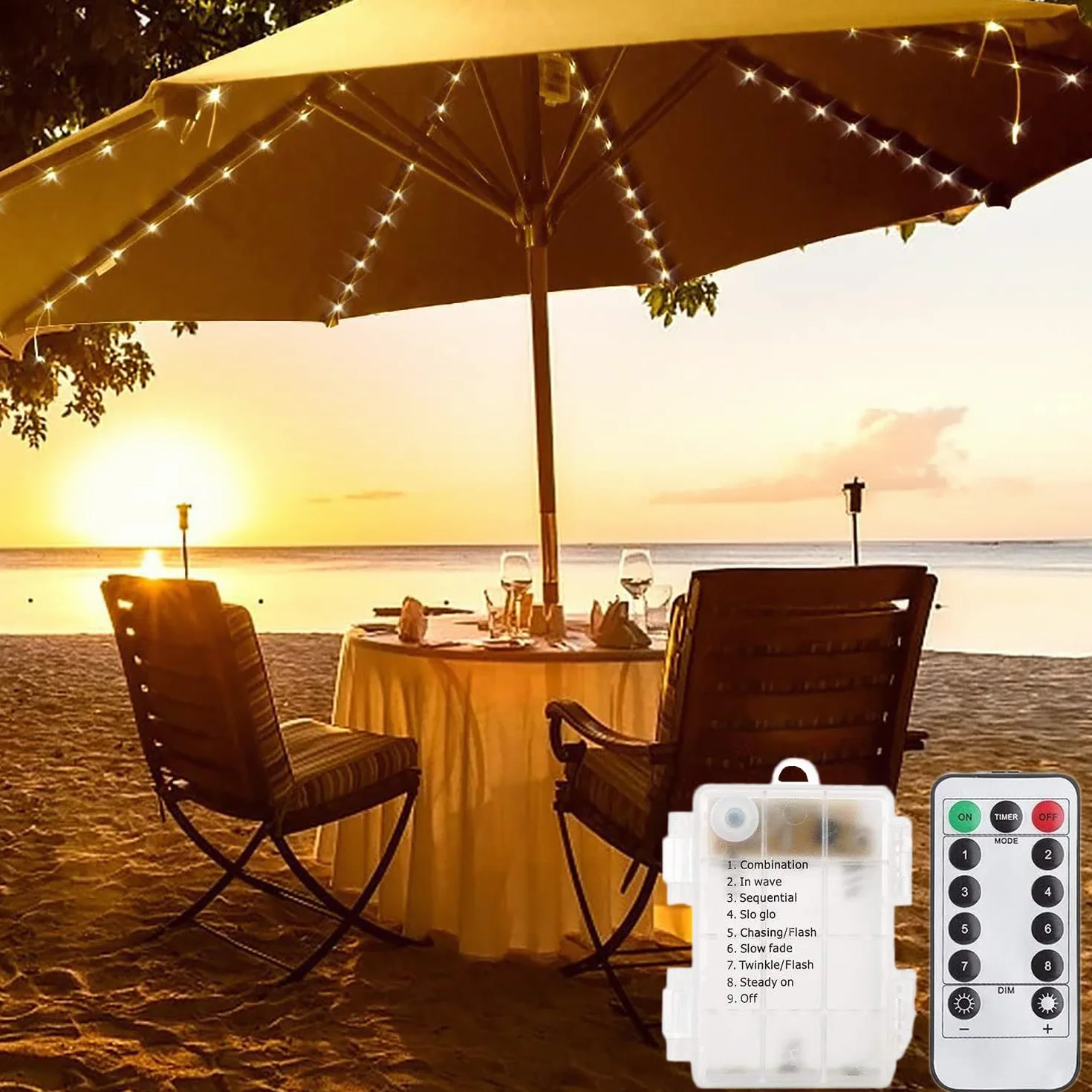KINGCOO Guirlande Lumineuse Parasol 104LED Etanche Lampes pour Parasol de patio à piles Télécommande 8 Modes Blanc chaud