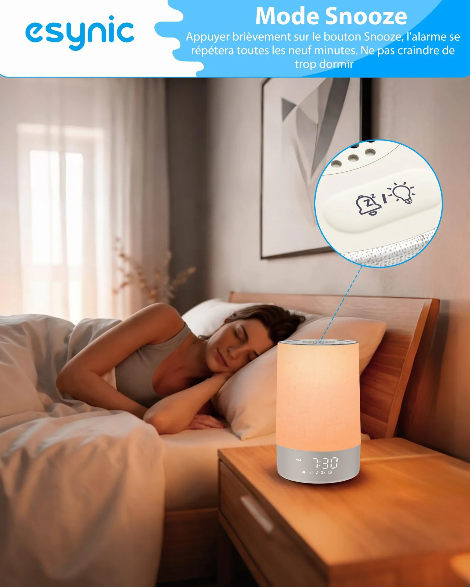 eSynic Réveil Lumineux Simulateur d'Aube 30 Sons Blanc Bruit 10 Couleurs Luminosité Volume Réglable Snooze Minuteur