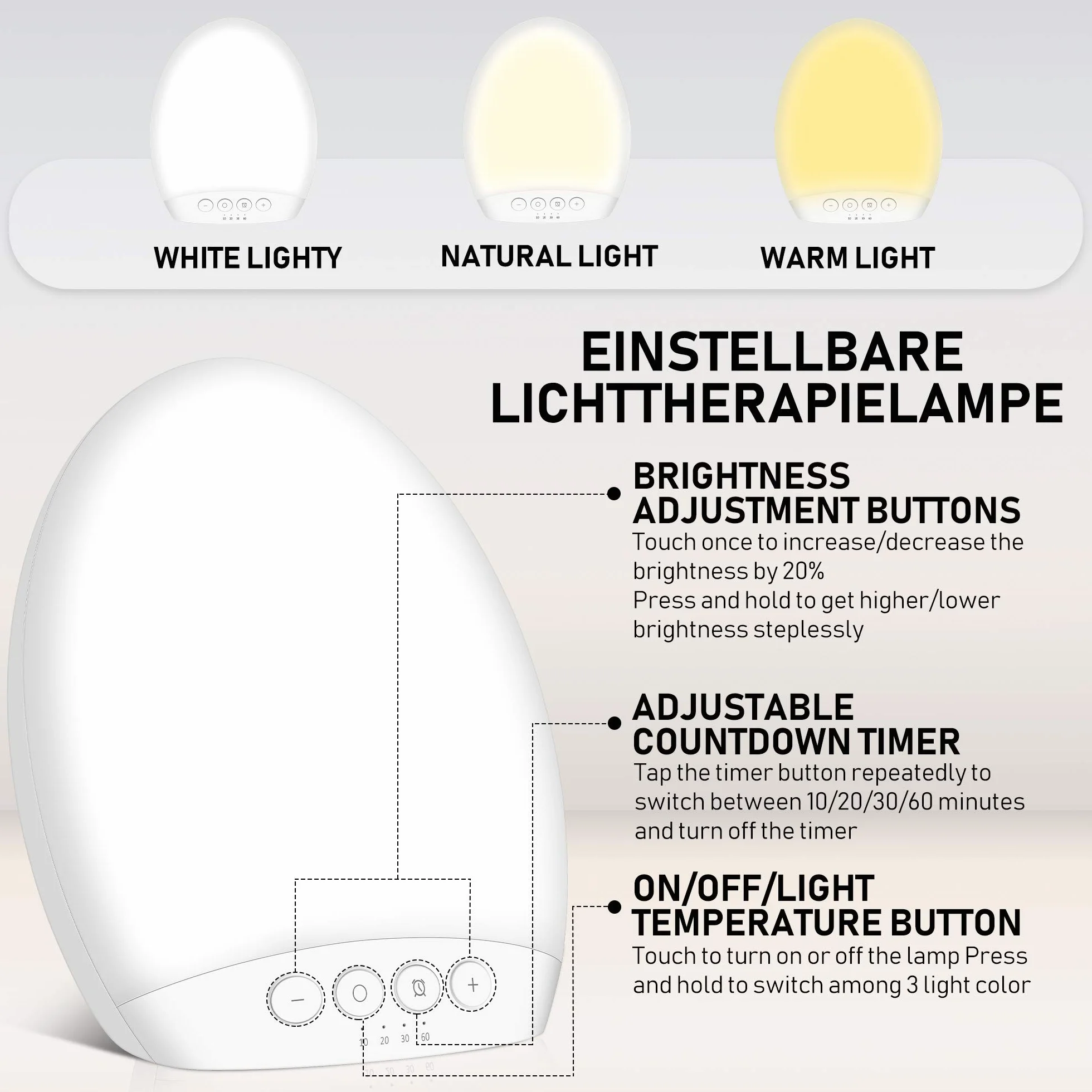 Lampe de luminothérapie 10000 Lux, LED sans UV, luminosité et température réglables, 4 minuterie, mémoire, maison ou bureau