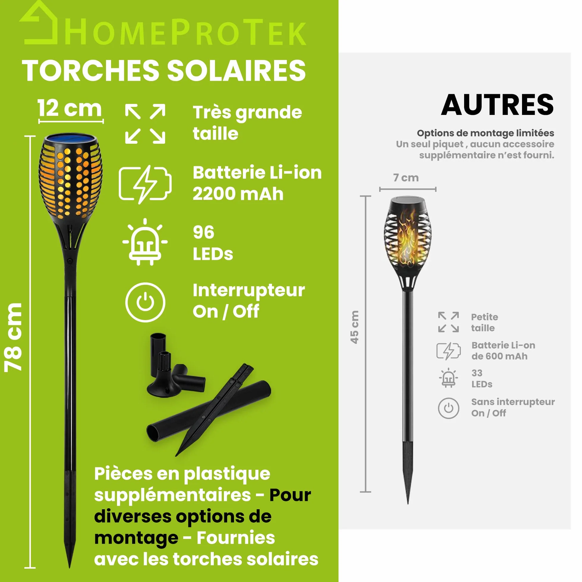 HOMEPROTEK Lampe Torche Solaire Exterieur Jardin Lot de 4 XXL 96 LED Effet Flamme