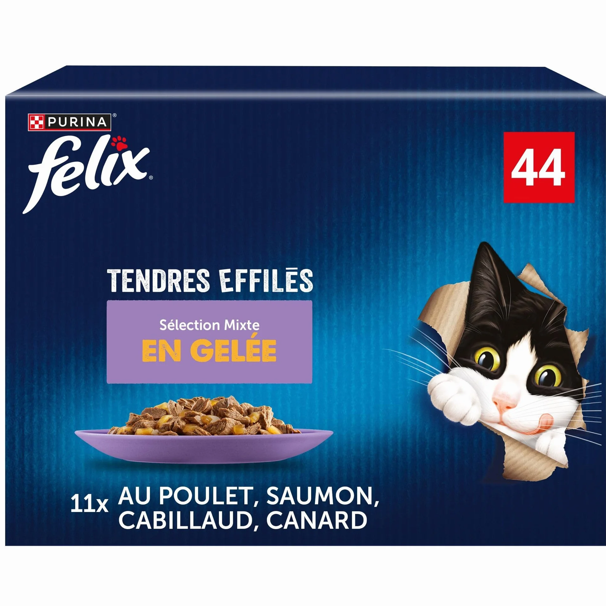 FELIX Tendres Effilés En Gelée Chat Adulte Sélection Saumon Poulet Canard Cabillaud Sachets Fraîcheurs 44 x 85g