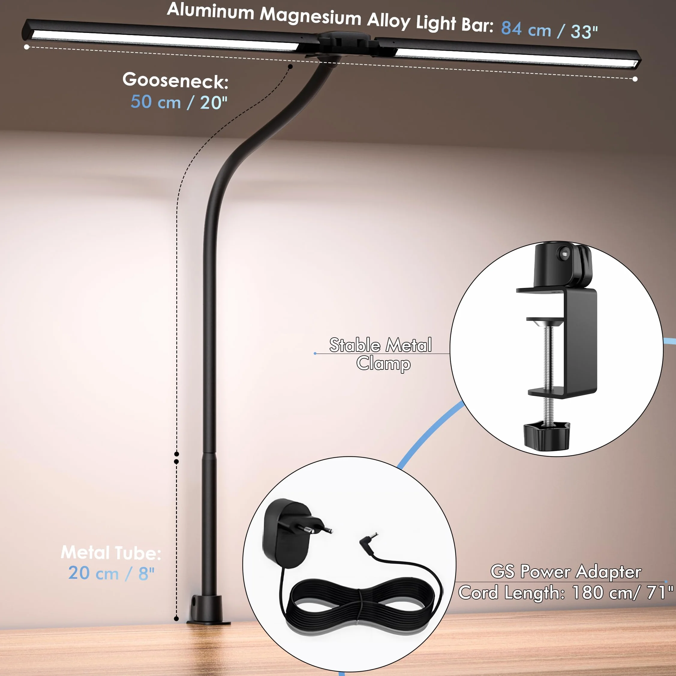 EYOCEAN Lampe de bureau 24 W 80 cm double tête pince télécommande intensité variable col de cygne protection des yeux Noir