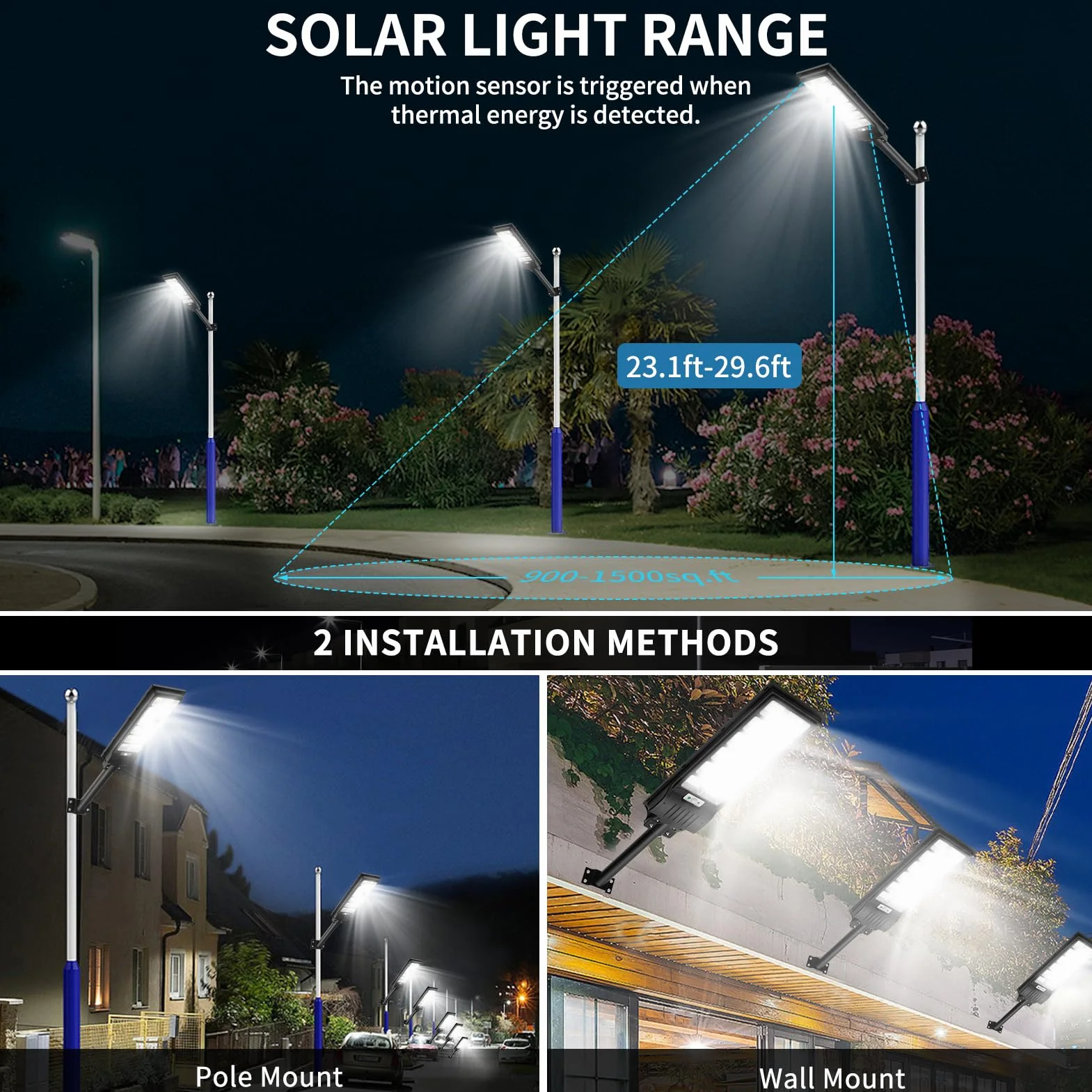 Lampadaire Solaire Exterieur 600W 1080 LEDs IP66 avec Télécommande Détecteur de Mouvement Viugreum