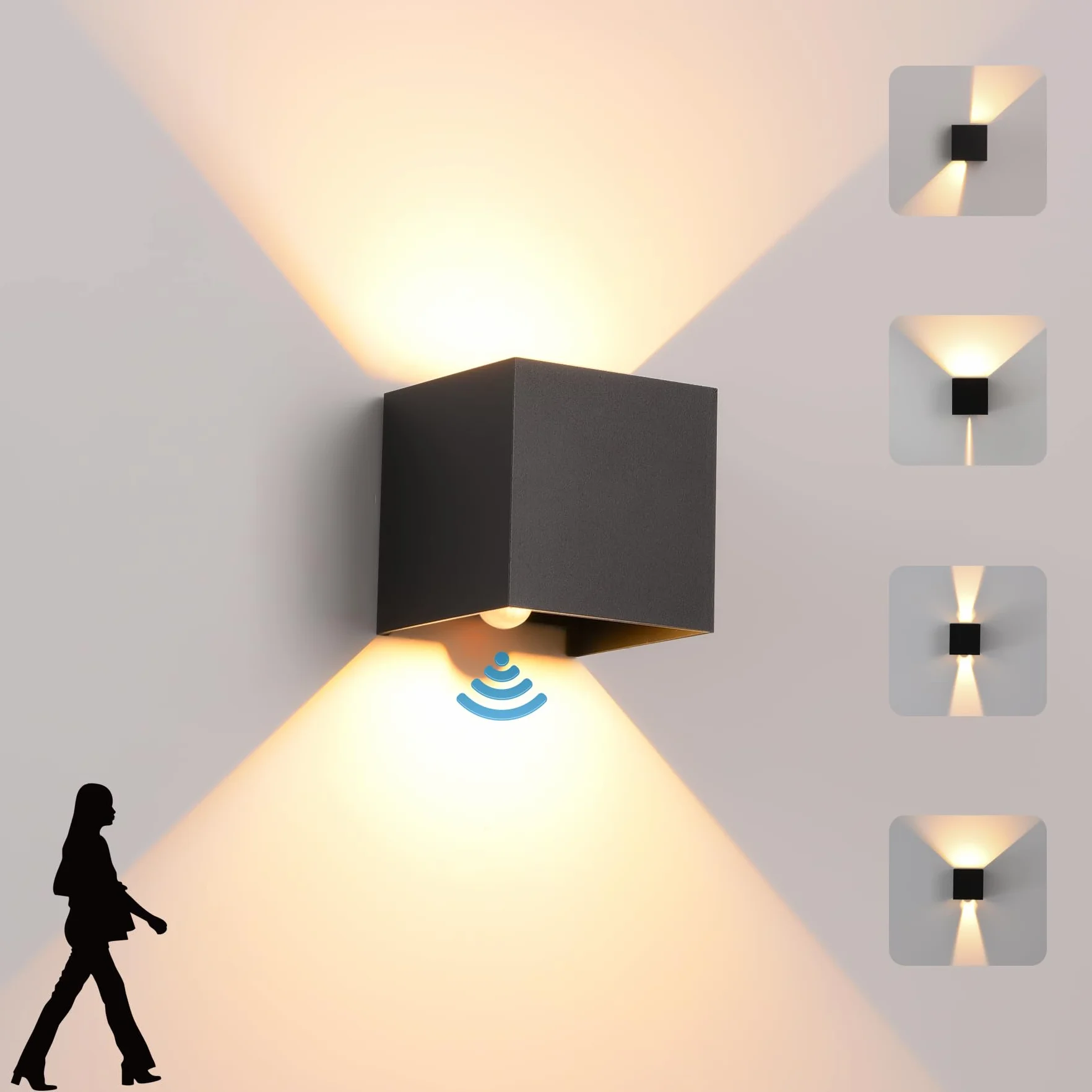 Applique Murale LED 12W Intérieur Extérieur Détecteur Mouvement 3000K Blanc Chaud IP65 Noir