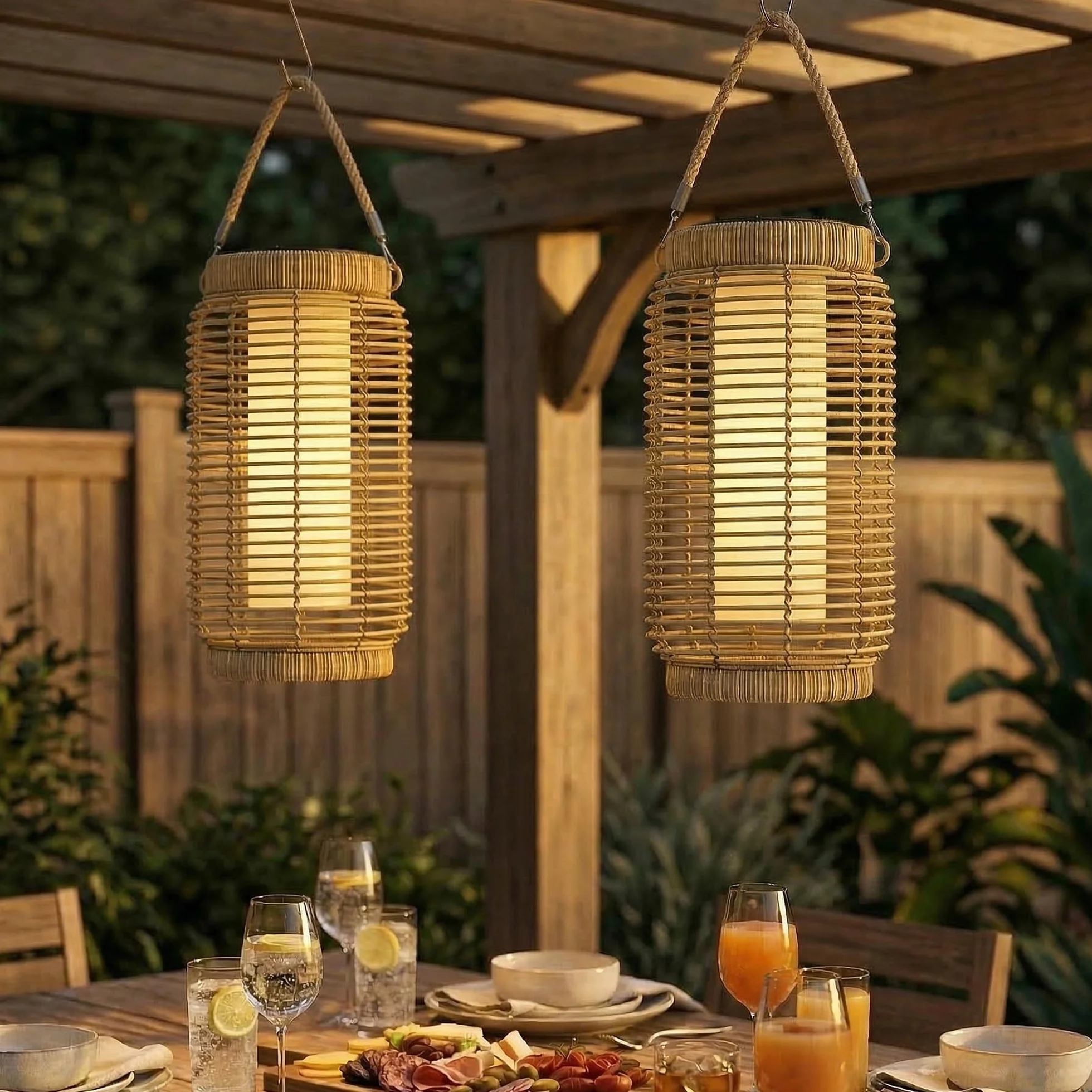 Outsunny Lampadaire d'Extérieur Solaire Lot de 2 LED Jardin Résine Tressée Acier Ø18 x 37 cm Sable