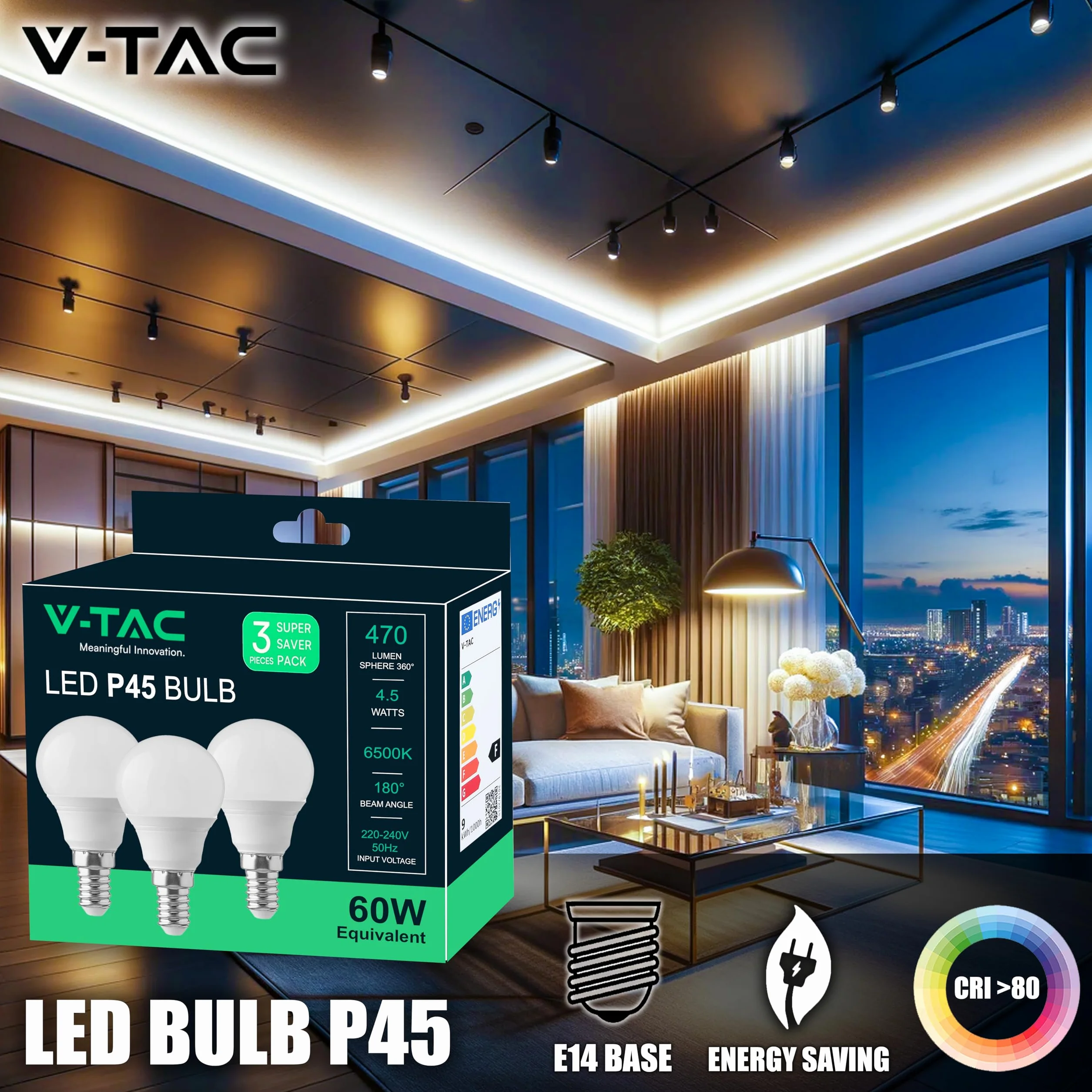 V-TAC Ampoule LED E14 4,5W P45 470 Lumen 3000K Blanc Chaud 180° Lot de 3