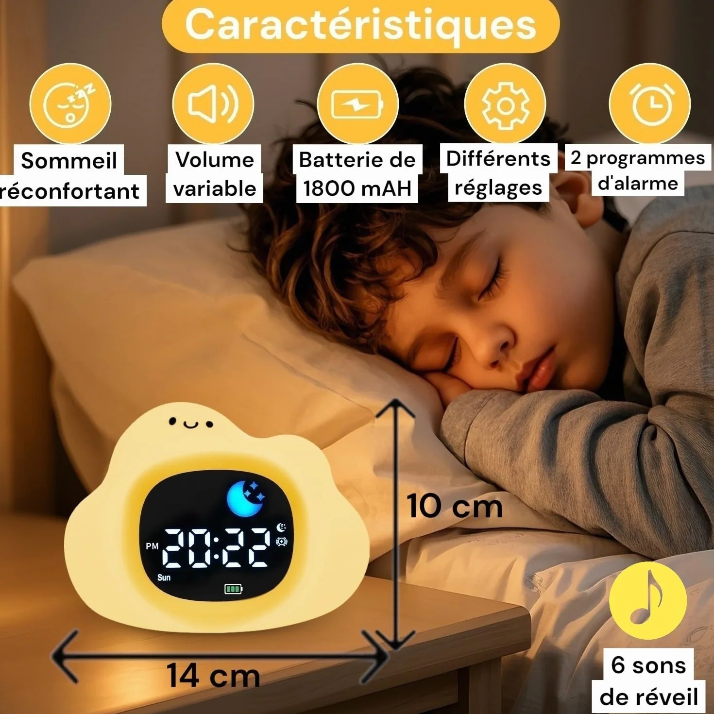 Réveil Enfant éducatif Jour/Nuit Nuage Veilleuse 2 alarmes Sons apaisants Luminosité réglable