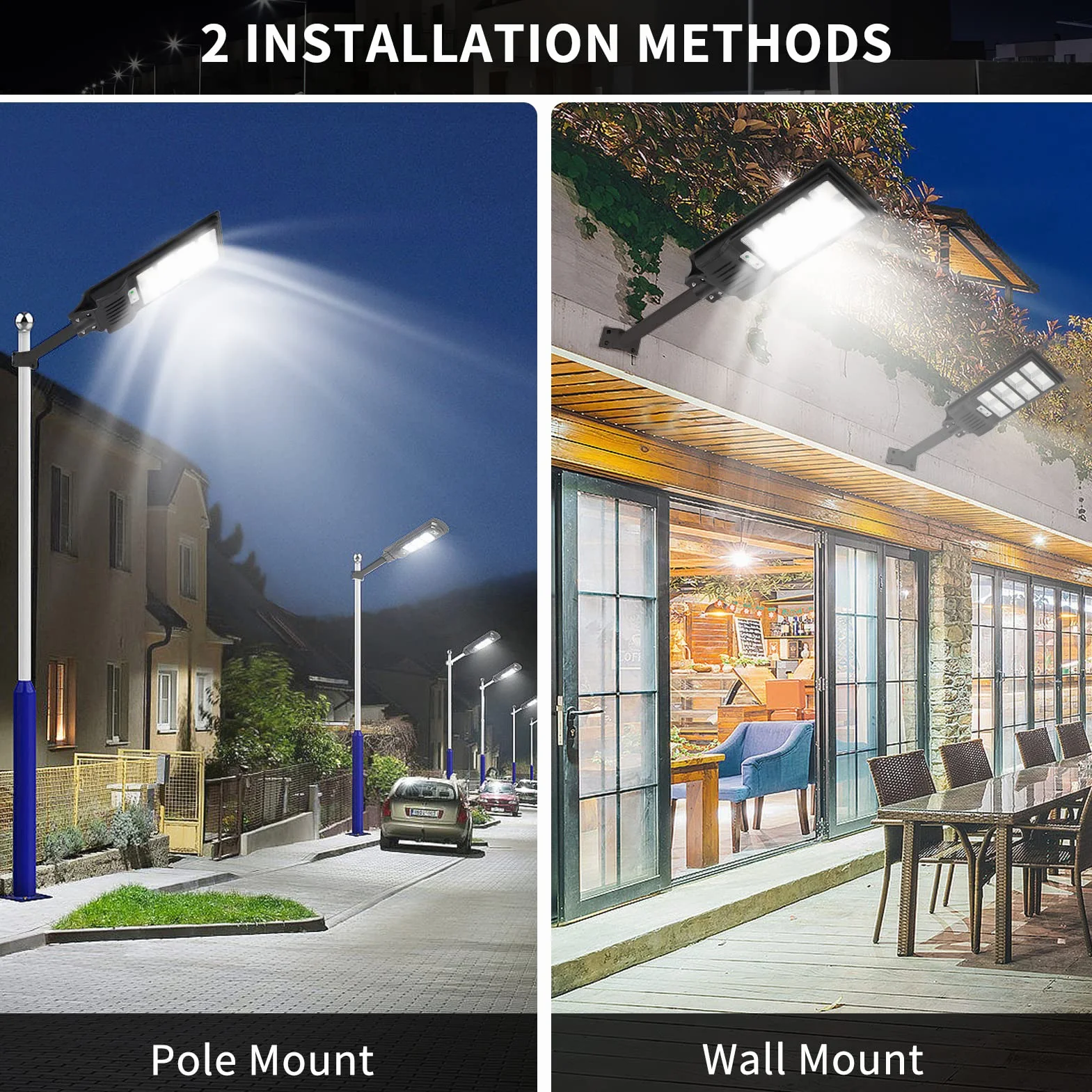 Lampadaire Solaire Extérieur 400W 6500K 720 LEDs IP65 Étanche Détecteur de Mouvement Avec Télécommande 2 Pack