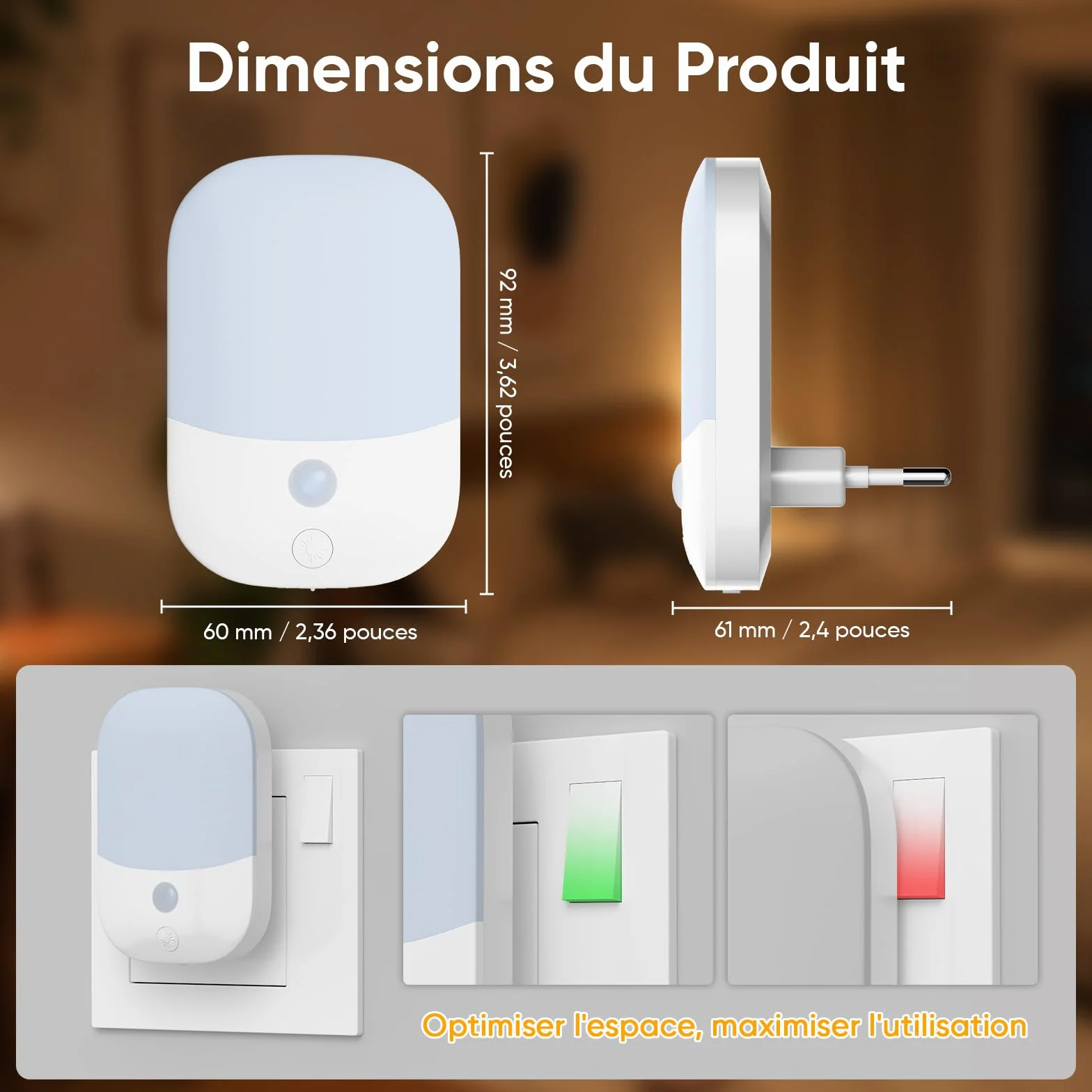 Suright Lot de 2 Veilleuses Enfant à Prise Murale, CAPTEUR LUMIÈRE INTELLIGENT, 5 Intensités, 3 Modes, Blanc Chaud, Lampe de Nuit Bébé 0,3W