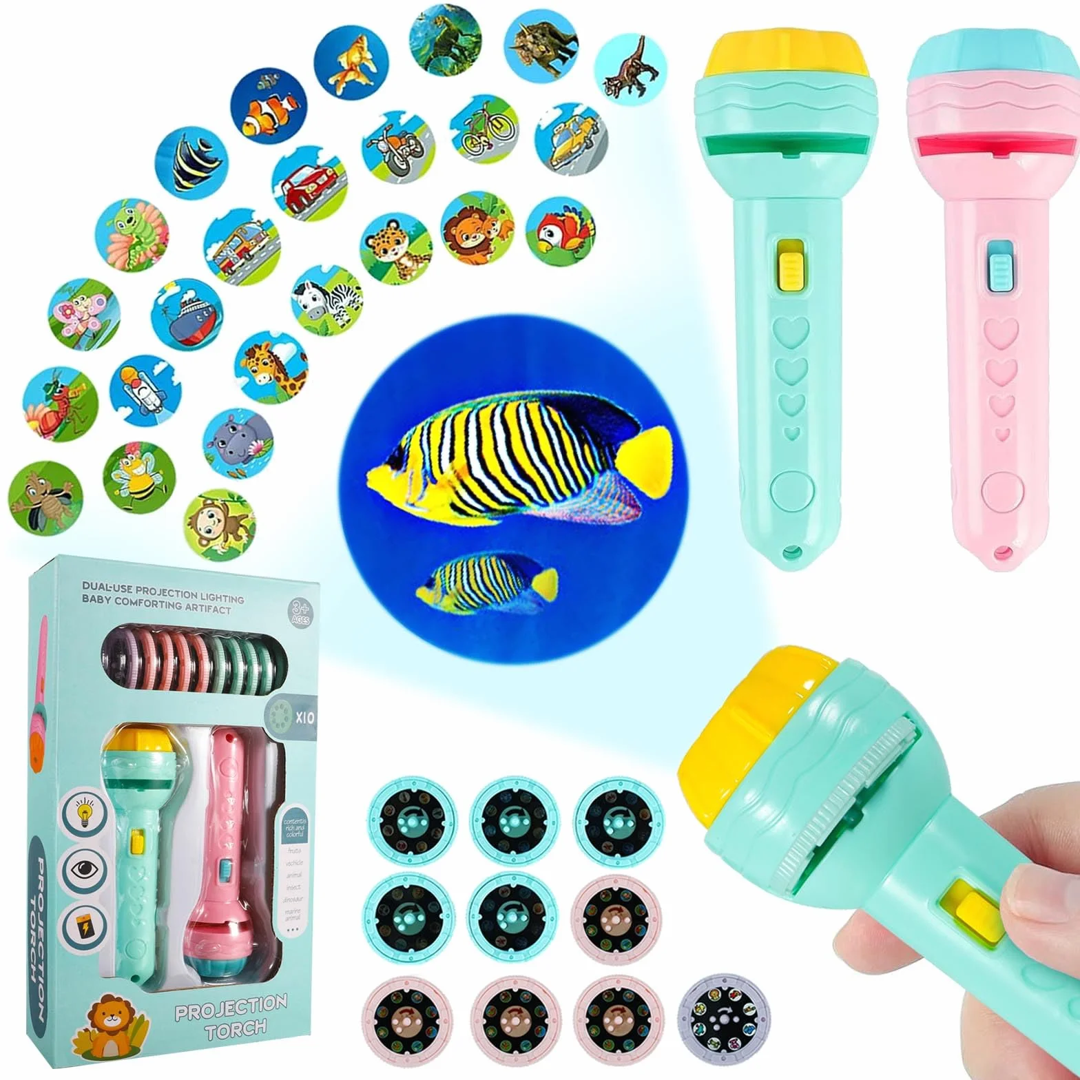 Lampe de poche projecteur pour enfants lot de 2 avec 80 motifs animaux fruits chiffres