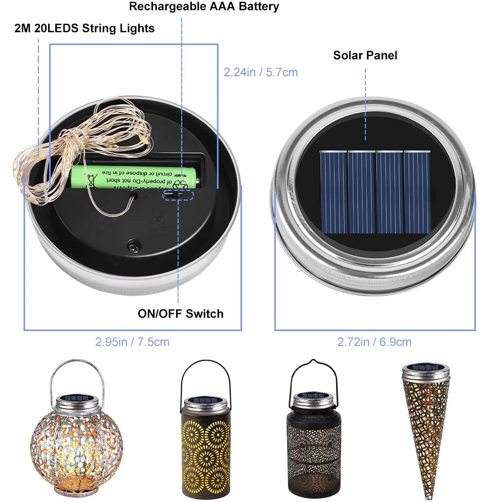 Lampe Solaire pour Couvercle de Bocal Mason Lot de 3, Guirlande Lumineuse 20 LED, Décoration Jardin