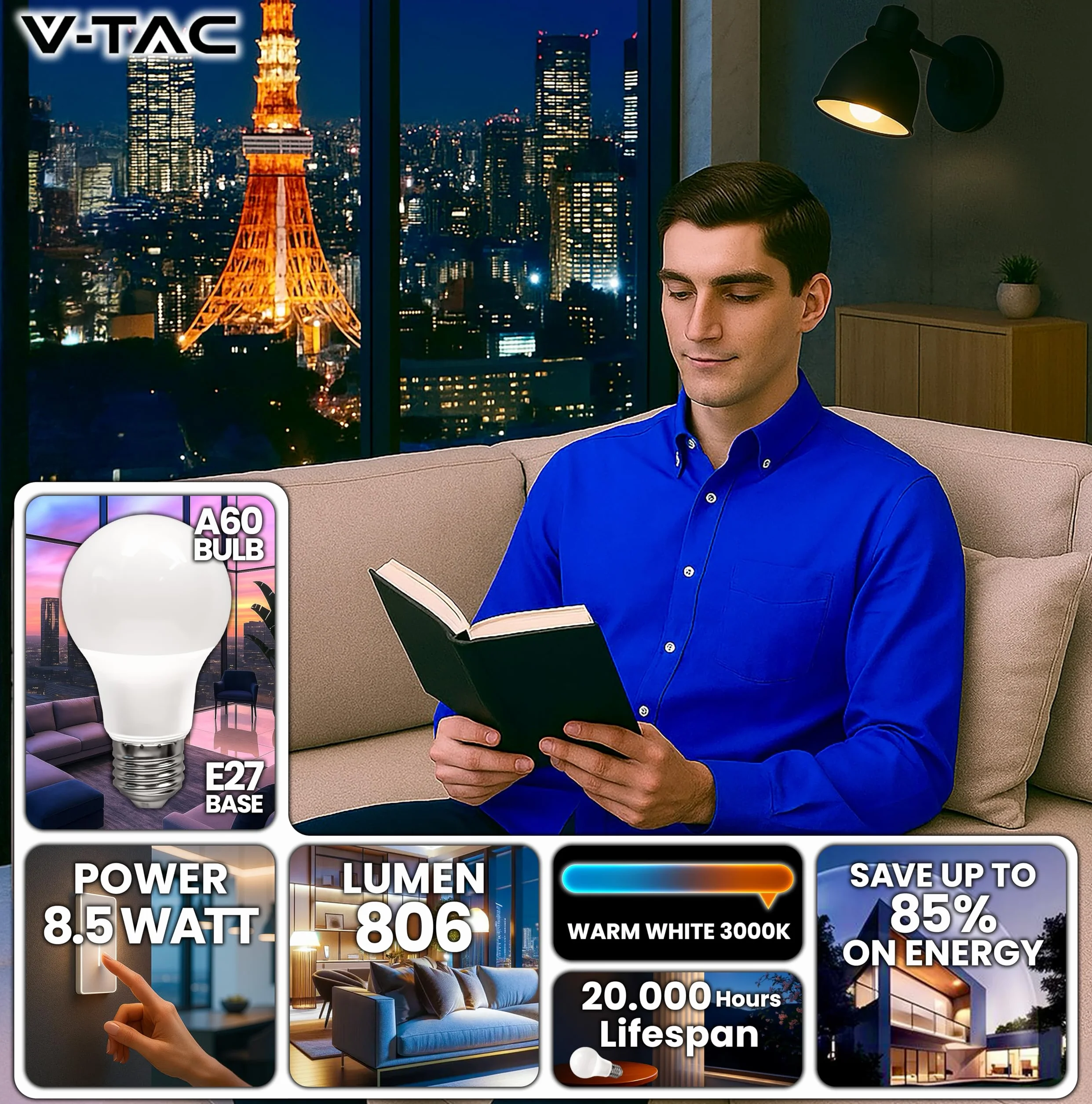 V-TAC Ampoules LED E27 8,5W A60 806 Lumen 3000K Blanc Chaud