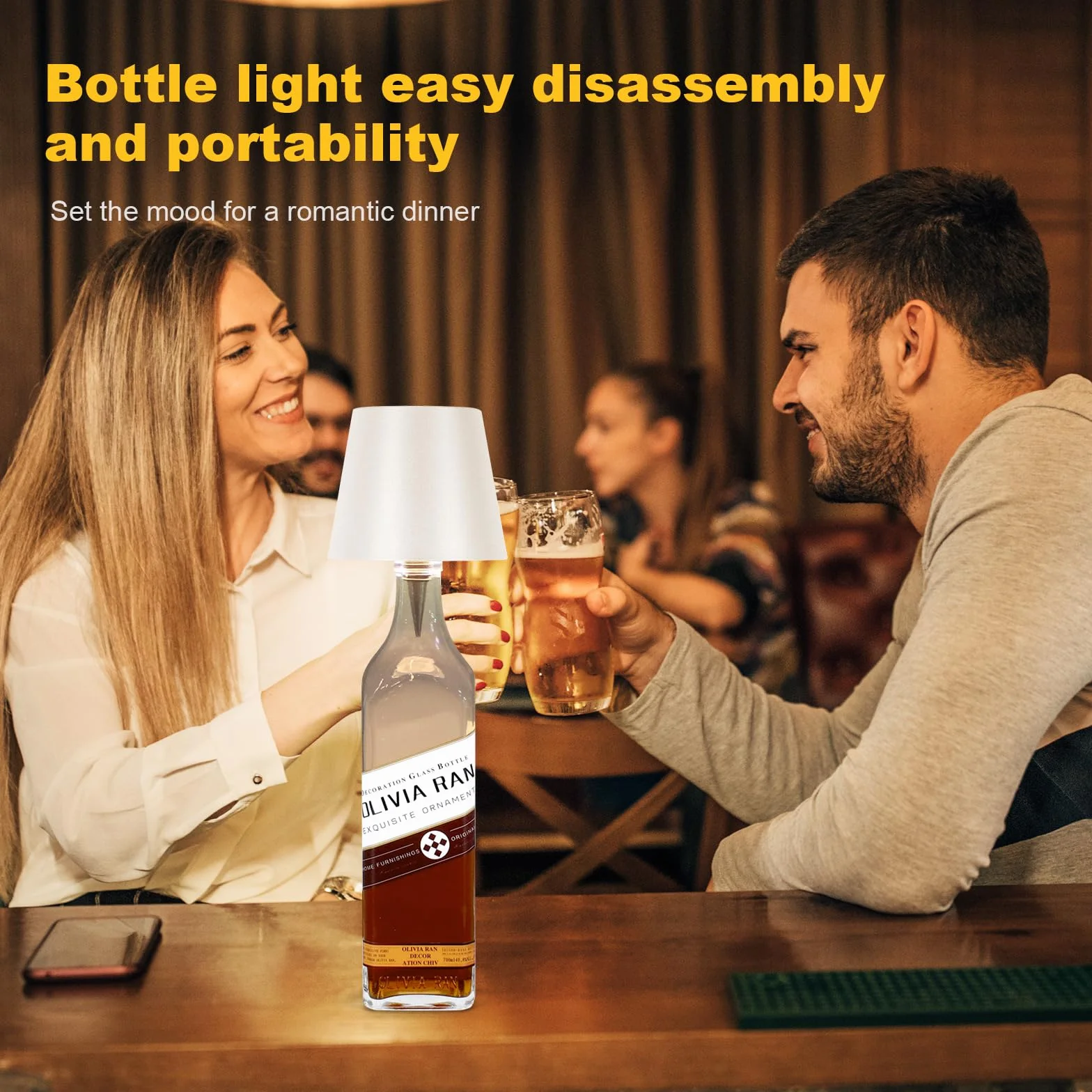 Lampe bouteille sans fil rechargeable USB, 3 couleurs intensité variable, lampe de bureau LED pour bar restaurant salon chambre