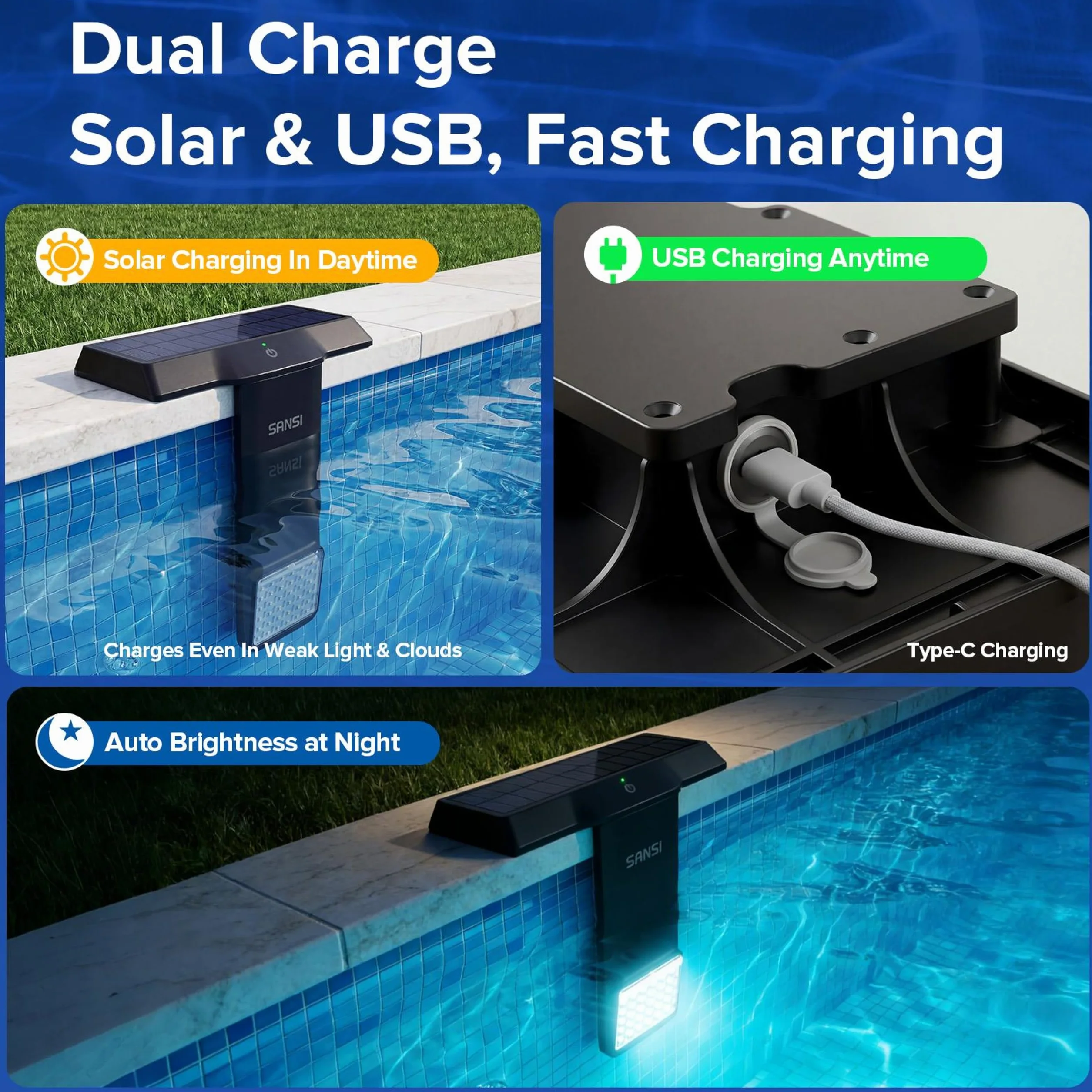 SANSI Lampe Solaire Piscine LED Submersible IP68 Grand Angle 150° RGB USB-C Télécommande