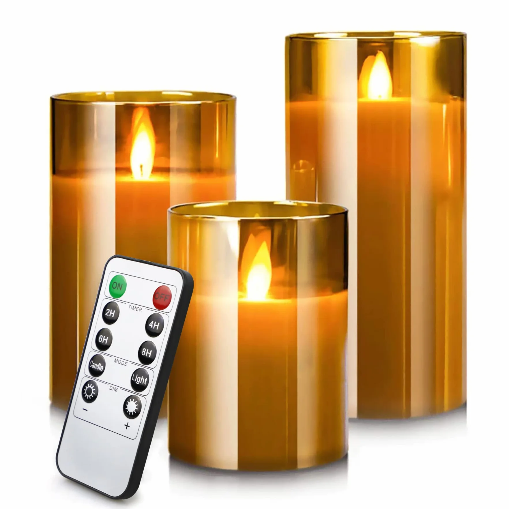 Bougies LED Sans Flamme 10-15cm Piliers Verre Doré avec Télécommande et Minuterie