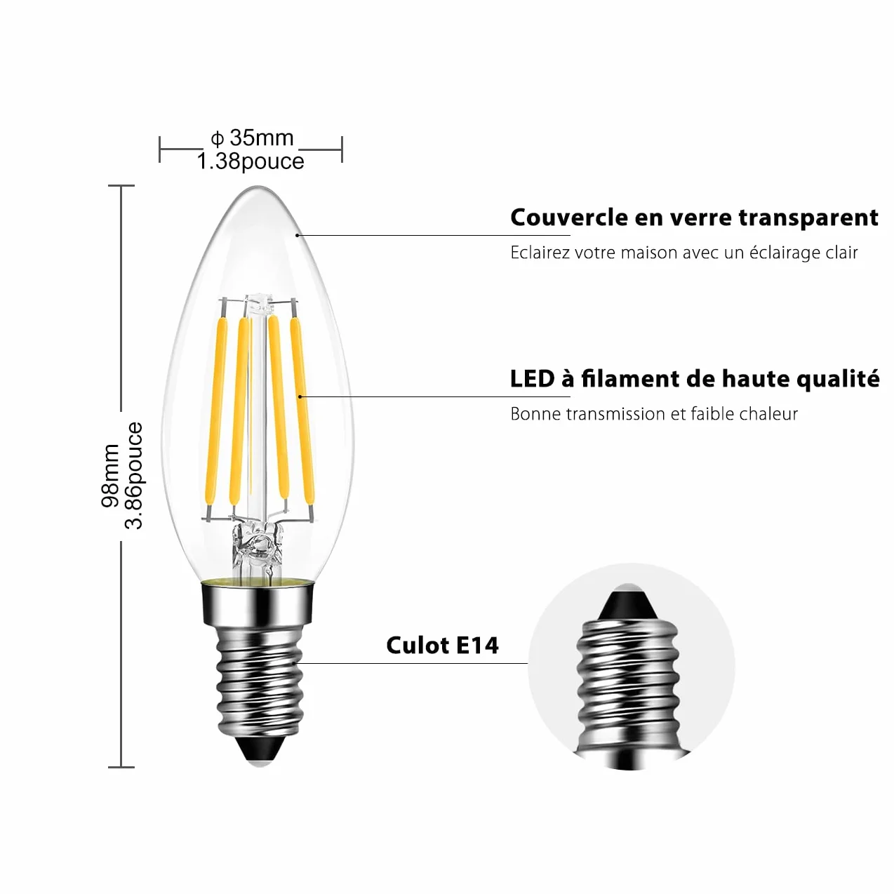 Ampoule LED E14 C35 4W 470lm Blanc Chaud 2700K 220-240V Angle 270°
