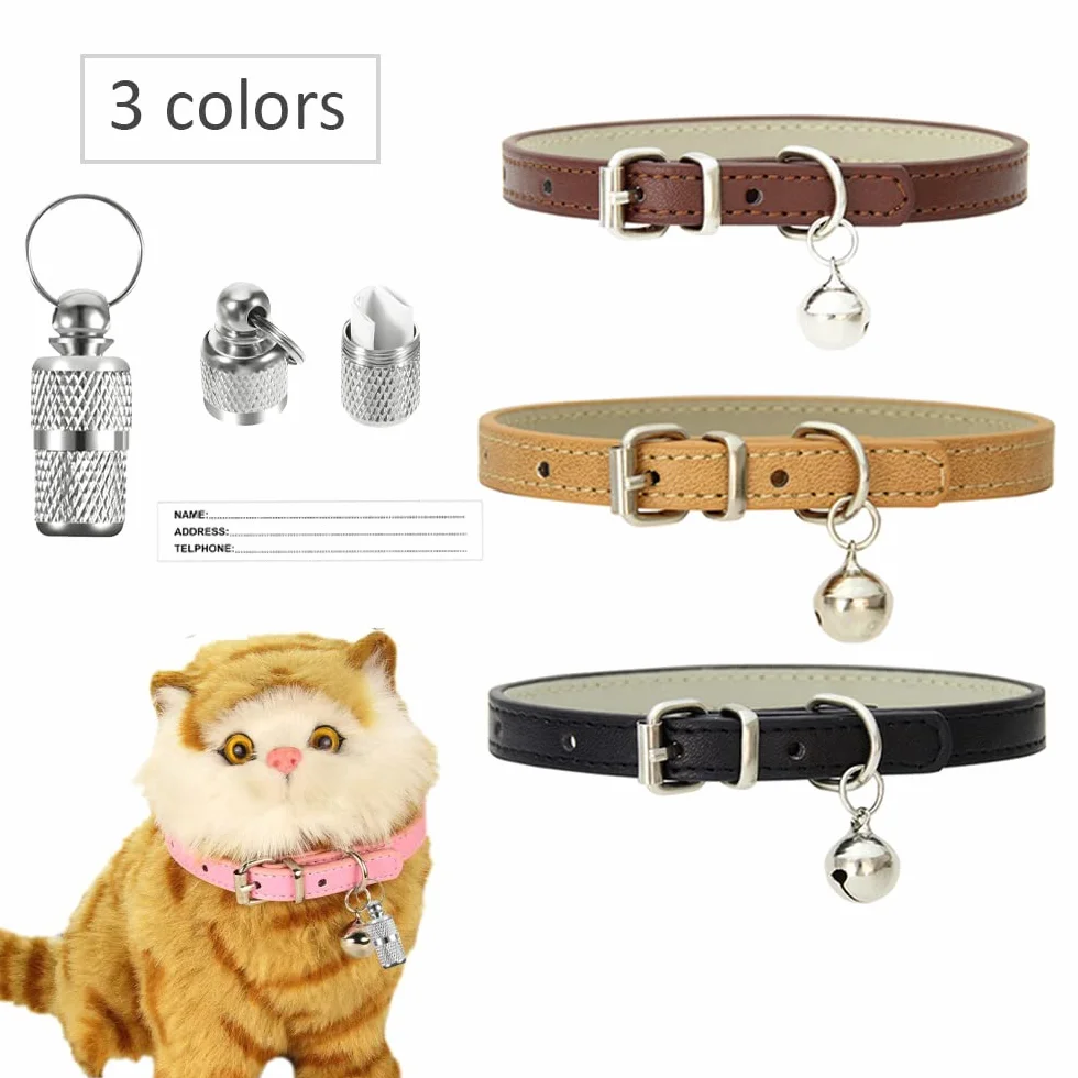 Collier de Chats en Cuir Réglable avec Boucle en Métal et Clochette 3 Pièces