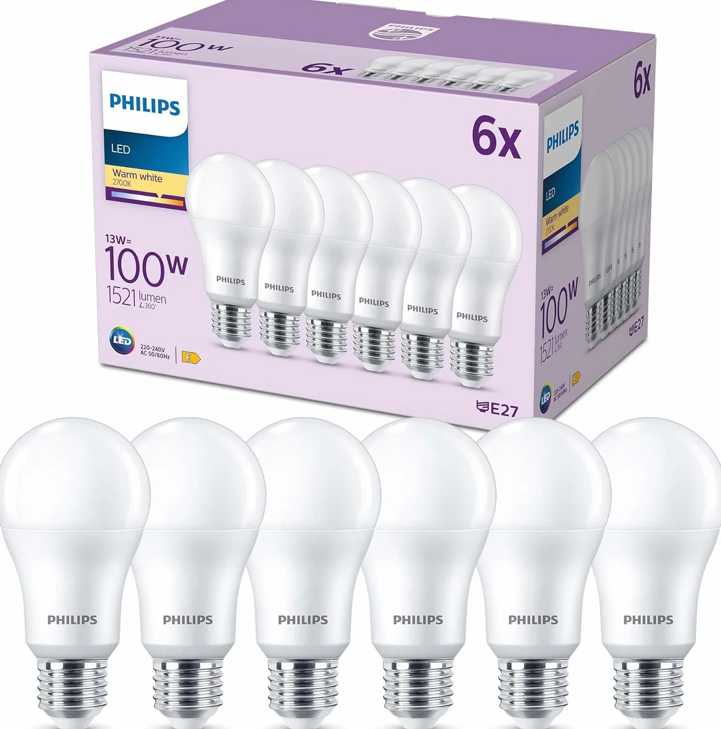 Philips Ampoules LED E27 100W Blanc Chaud Pack 6