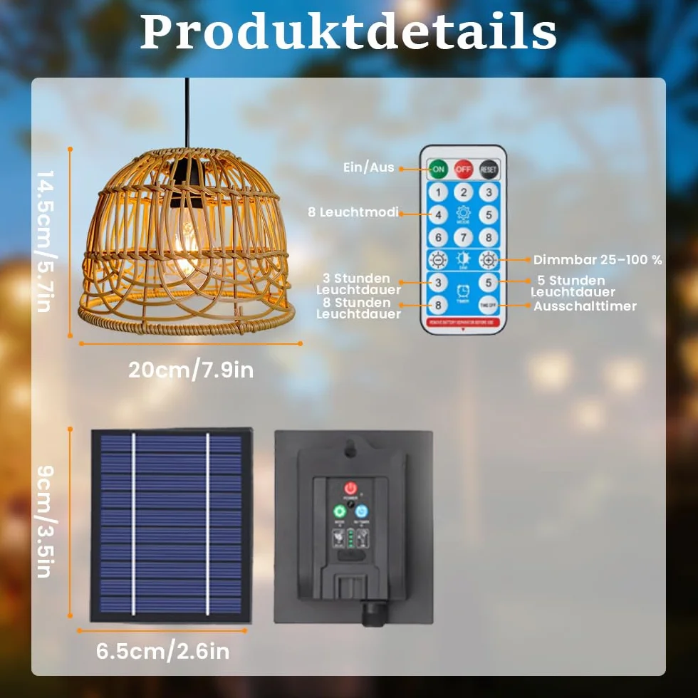 Suspension Bohème Solaire en Rotin Tressé Naturel IP44 LED Lumière Chaude