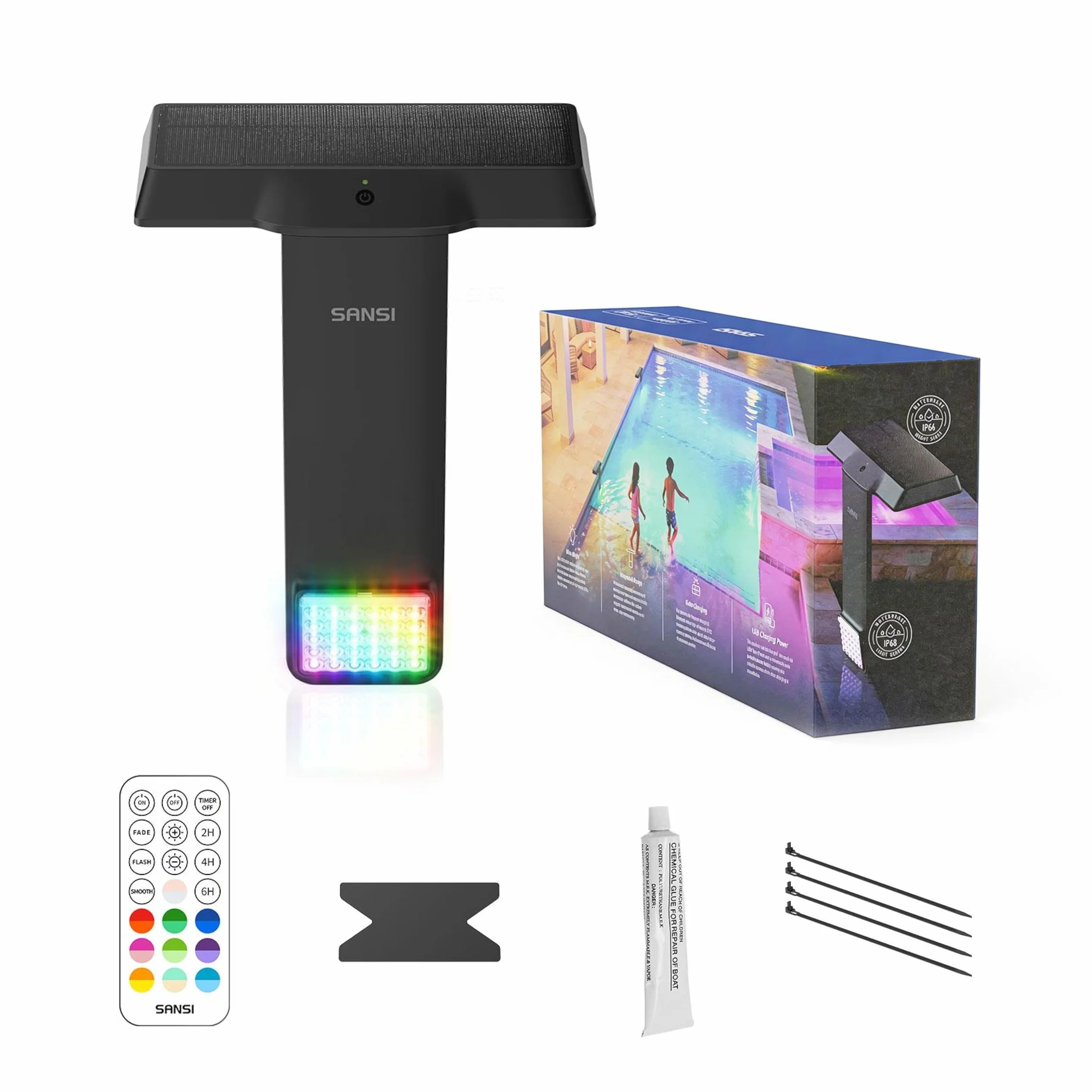 SANSI Lampe Solaire Piscine LED Submersible IP68 Grand Angle 150° RGB USB-C Télécommande