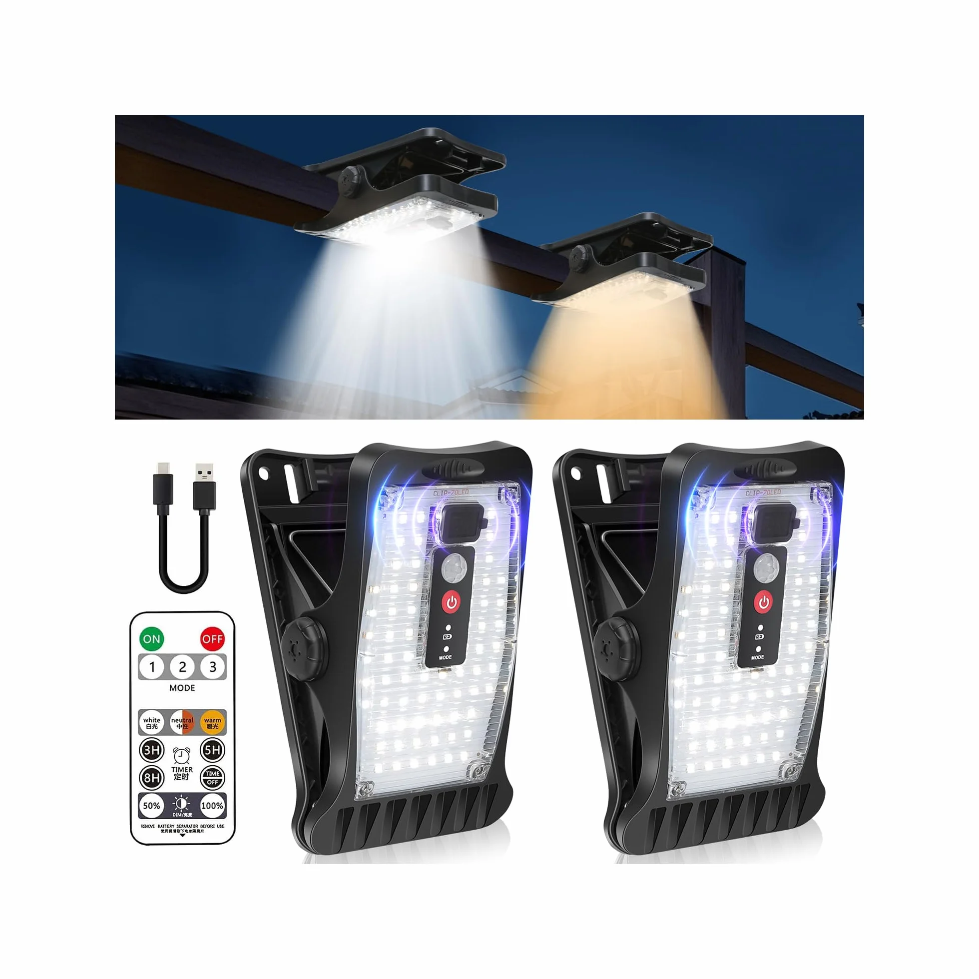 Lampes solaires extérieur avec détecteur de mouvement 70 LED 3 températures couleur USB télécommande étanche